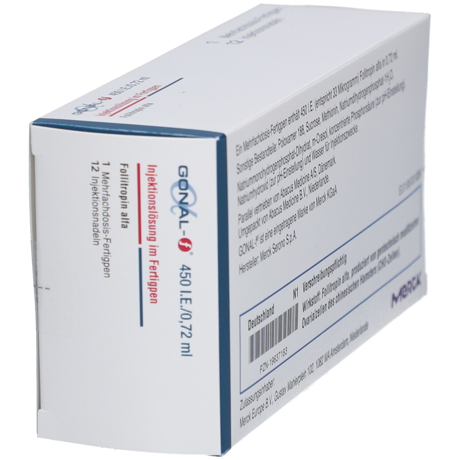 Schrägansicht der GONAL-f 450 I.E./0,72 ml Verpackung. Merck Logo. Enthält 12 Injektionsnadeln.