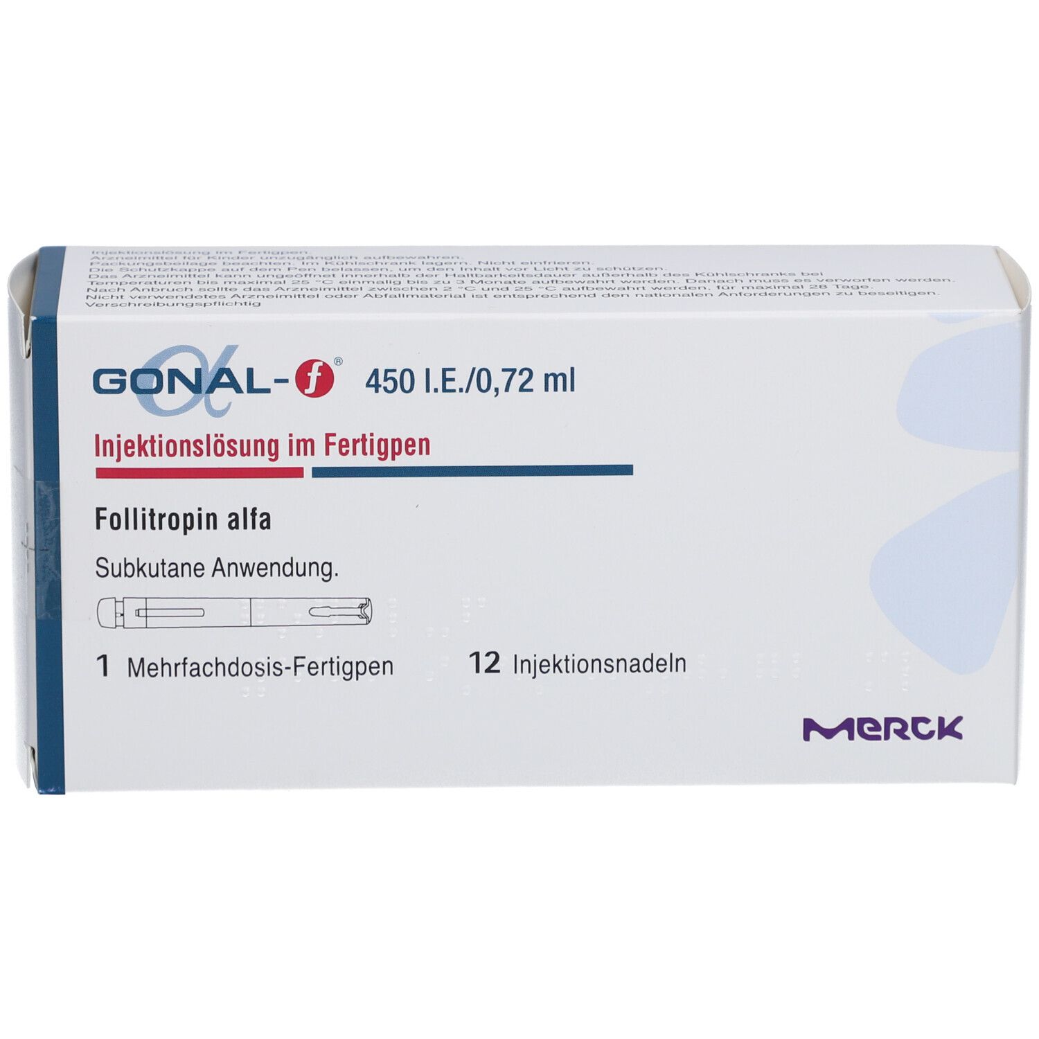 GONAL-f 450 I.E./0,72 ml Verpackung. Enthält 12 Injektionsnadeln. Merck Logo.
