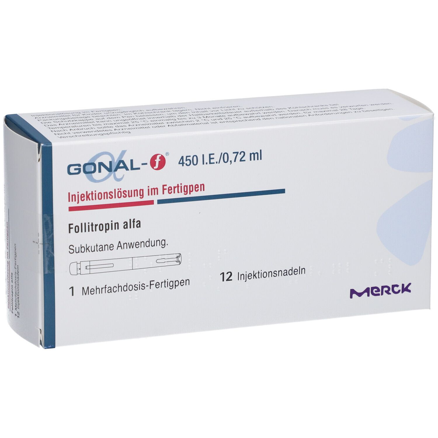 GONAL-f 450 I.E./0,72 ml Verpackung. Enthält 12 Injektionsnadeln. Merck Logo.