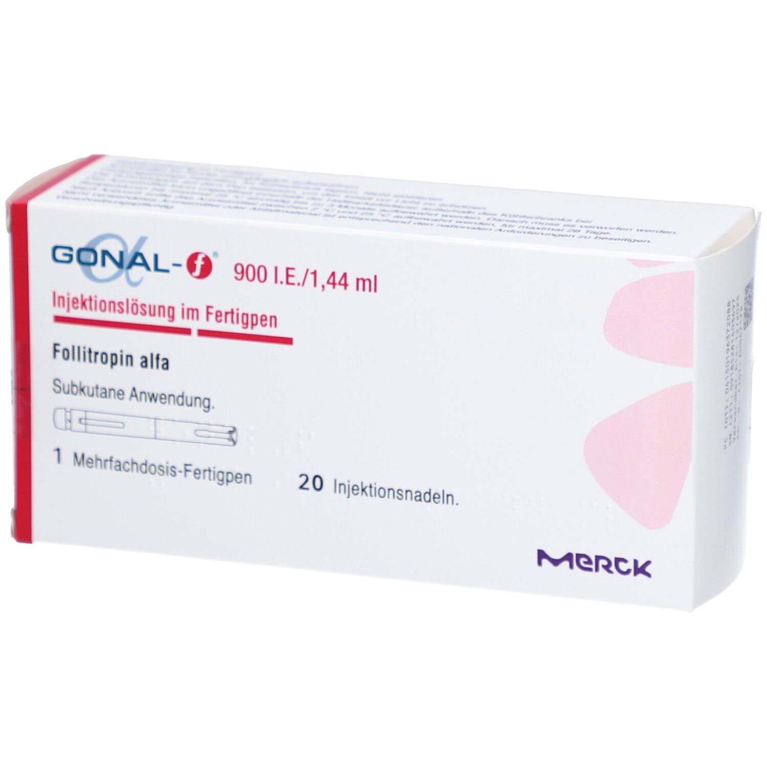 Weißer Karton mit roter Schrift und Logo. Enthält GONAL-f 900 I.E./1,44 ml. 1 Mehrfachdosis-Fertigpen und 20 Injektionsnadeln.
