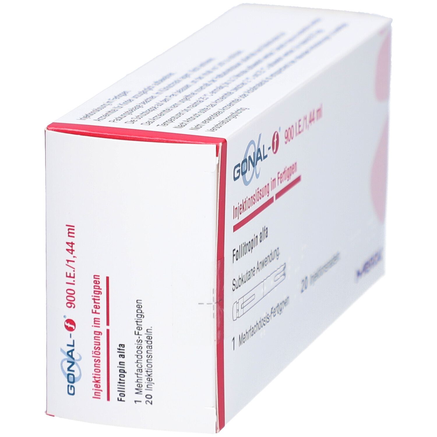 Schräg gestellte weiße Box mit roter Schrift. Enthält GONAL-f 900 I.E./1,44 ml. Merck-Logo.