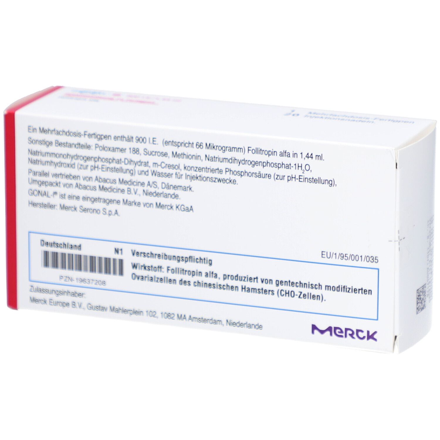 Rückseite der weißen Box. Enthält Informationen zu Inhaltsstoffen, Hersteller und Chargennummer. Merck-Logo.