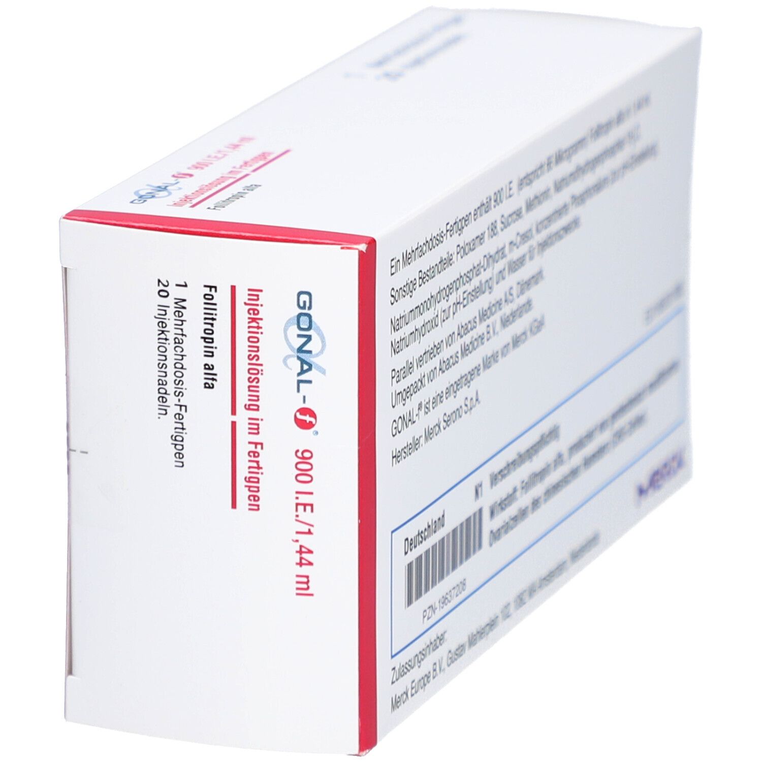 Schräg gestellte weiße Box mit roter Schrift. Enthält GONAL-f 900 I.E./1,44 ml. Merck-Logo.