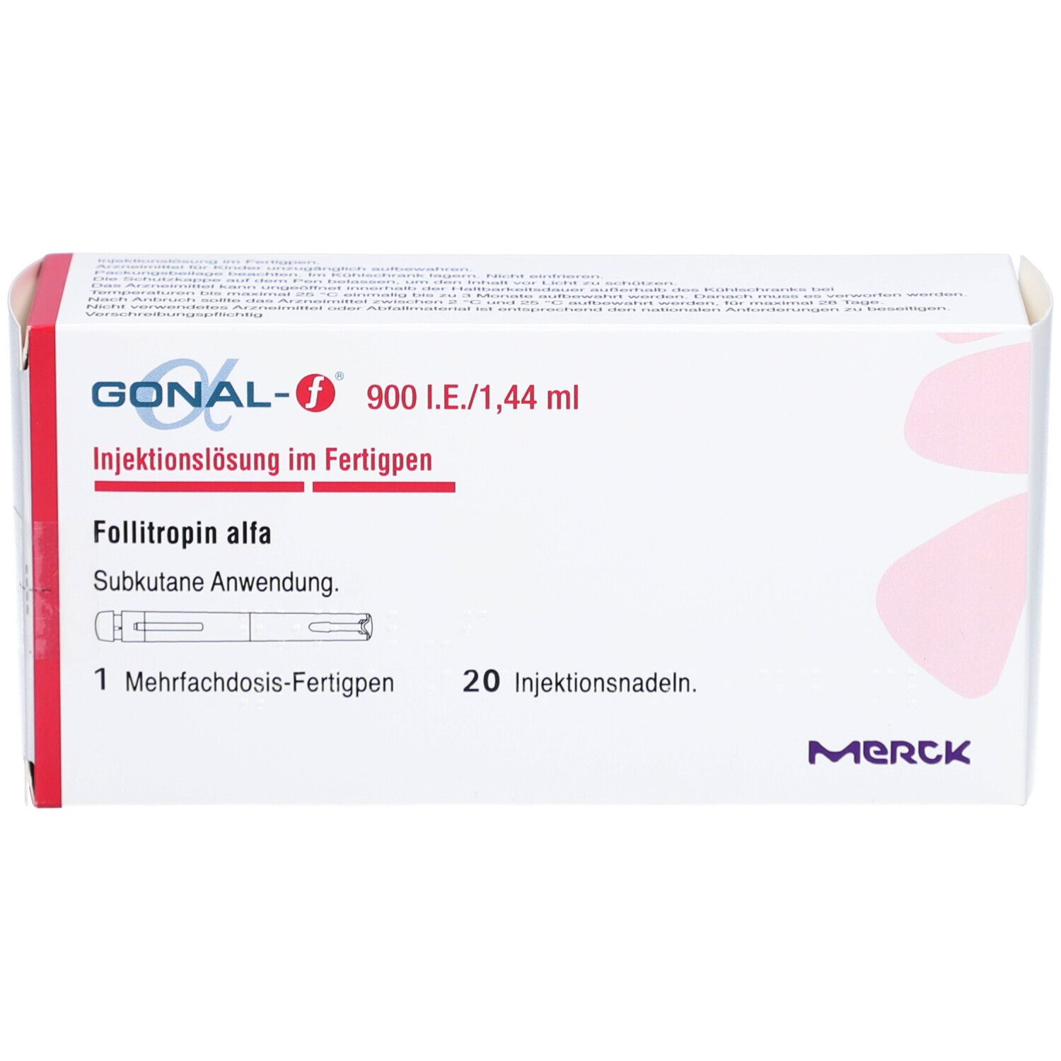 Weiße Box mit roter Schrift und Logo. Enthält GONAL-f 900 I.E./1,44 ml. 1 Mehrfachdosis-Fertigpen und 20 Injektionsnadeln.