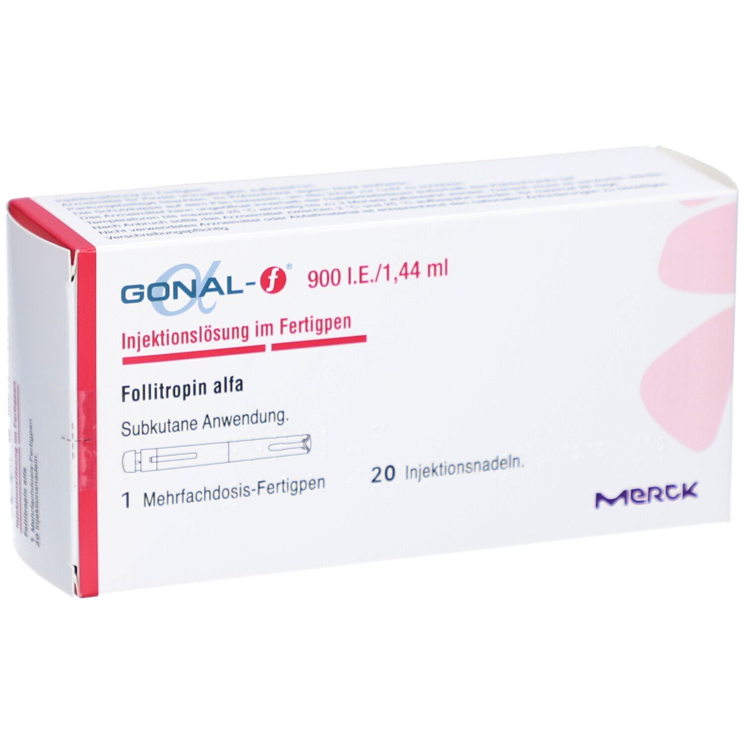 Weiße Box mit roter Schrift und Logo. Enthält GONAL-f 900 I.E./1,44 ml. Merck-Logo.