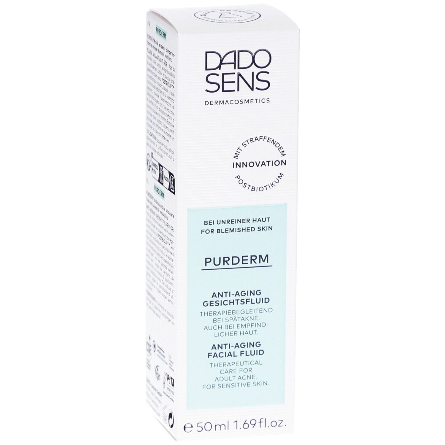 Produktverpackung, Vorderseite. Logo DADO SENS. Text: PUDERM Anti-Aging Gesichtsfluid. Für unreine Haut. 50ml.