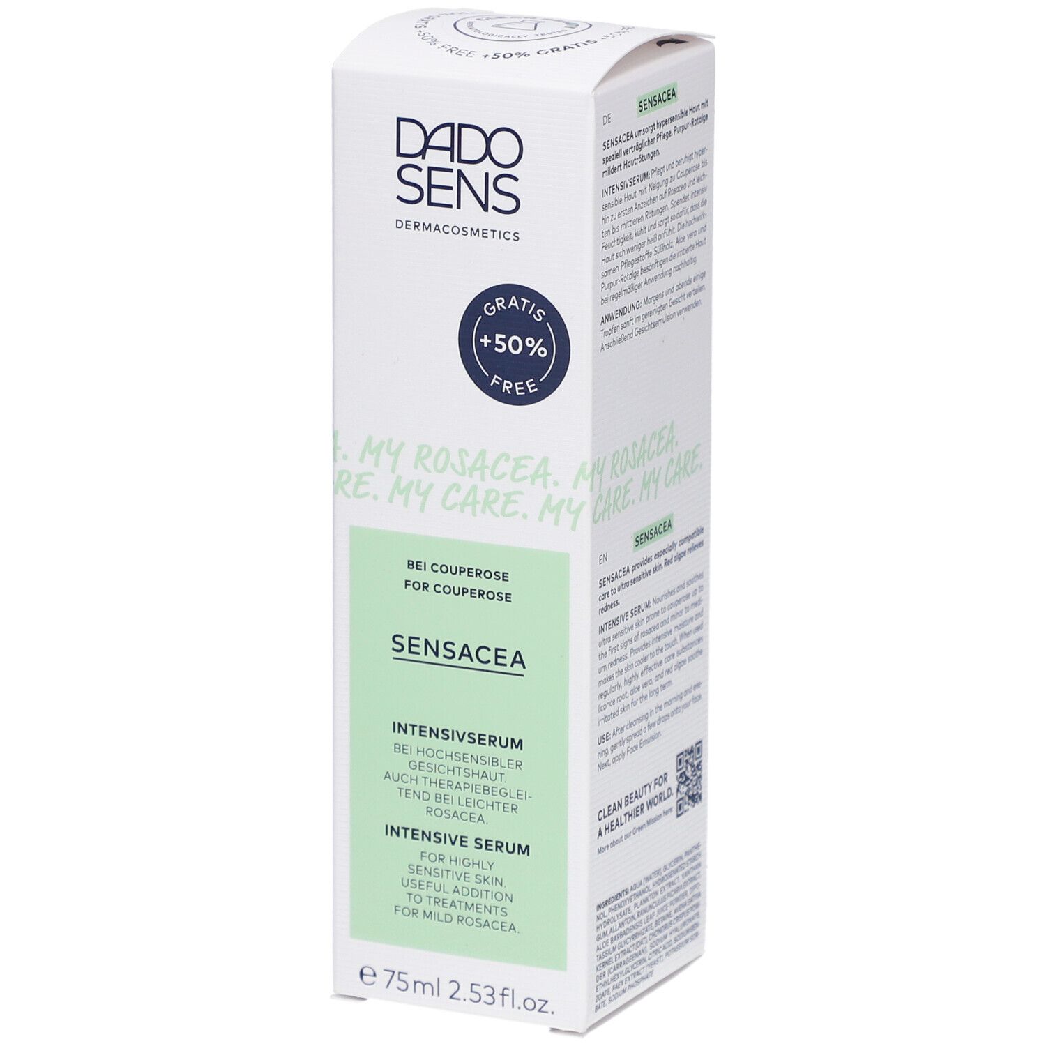 DADO SENS® SENSACEA Intensivserum bei Couperose. Weiße Verpackung mit grünen Akzenten. Text: Gratis +50% Free, SENSACEA, Intensivserum.
