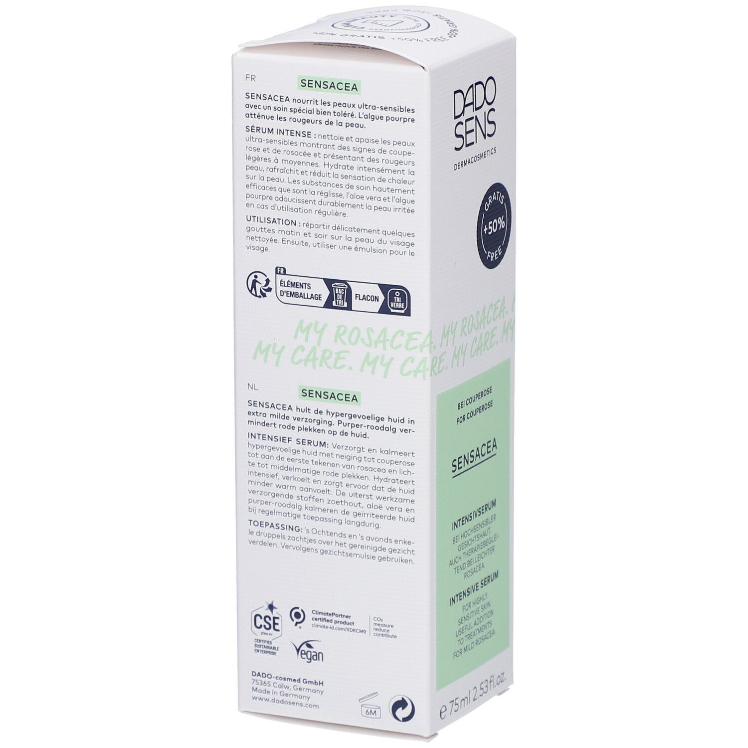 Rückseite der Verpackung von DADO SENS® SENSACEA. Text in mehreren Sprachen. Enthält Informationen zu Inhaltsstoffen und Anwendung.