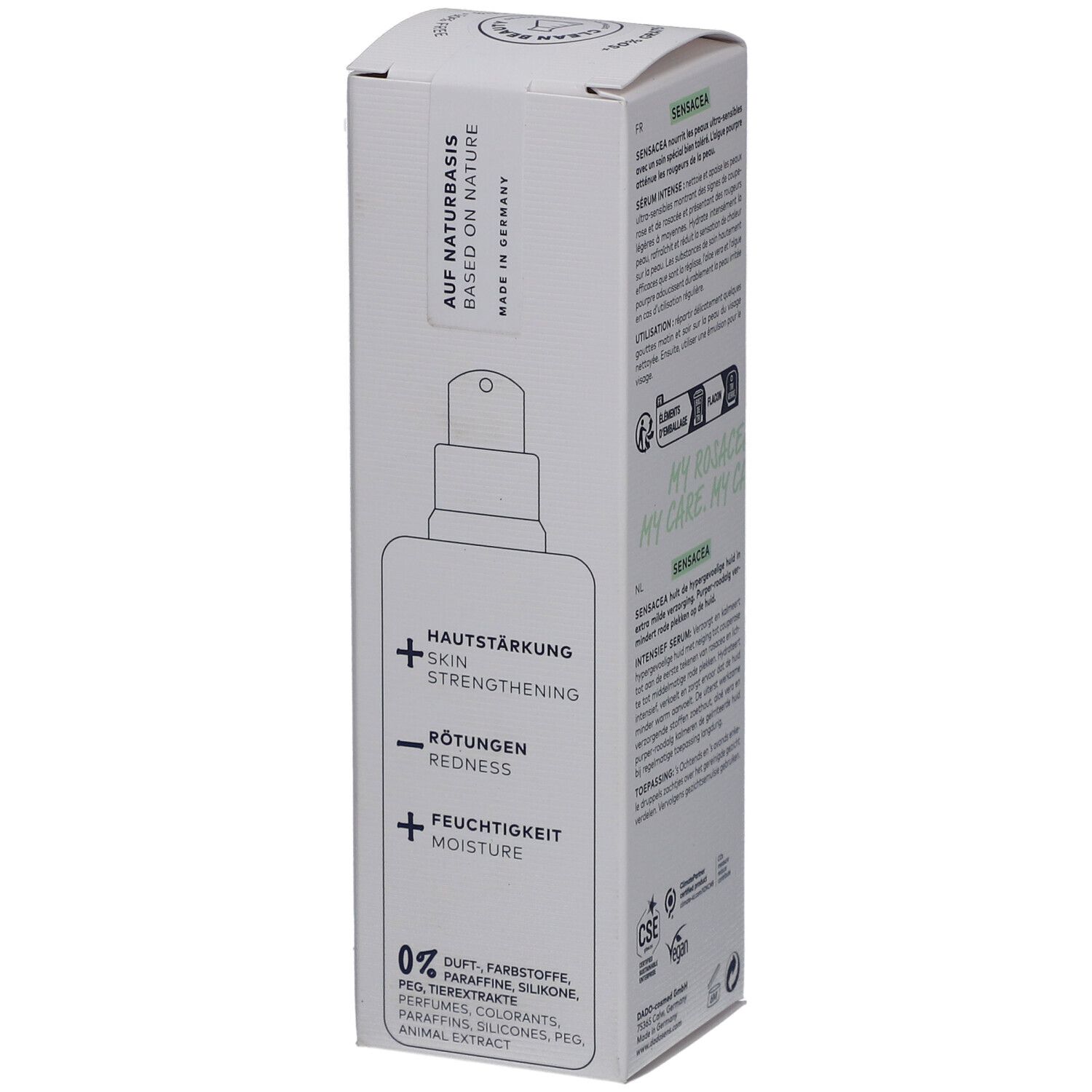 Verpackung von DADO SENS® SENSACEA. Illustration einer Flasche mit Sprühkopf. Text: Hautstärkung, Rötungen, Feuchtigkeit.