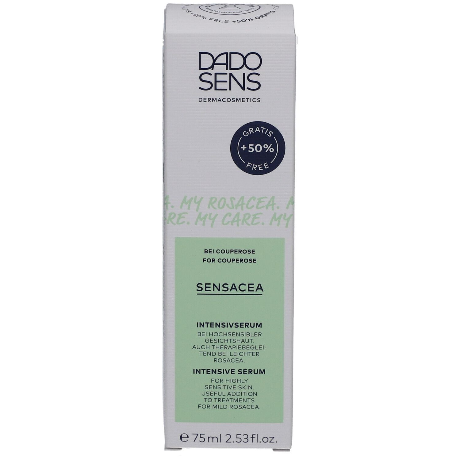 DADO SENS® SENSACEA Intensivserum bei Couperose. Weiße Verpackung mit grünen Akzenten. Text: Gratis +50% Free, SENSACEA, Intensivserum.