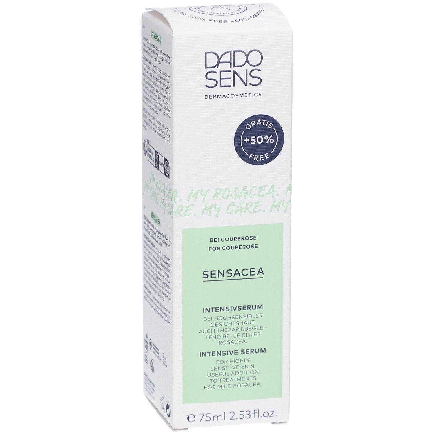 DADO SENS® SENSACEA Intensivserum bei Couperose. Weiße Verpackung mit grünen Akzenten. Text: Gratis +50% Free, SENSACEA, Intensivserum.