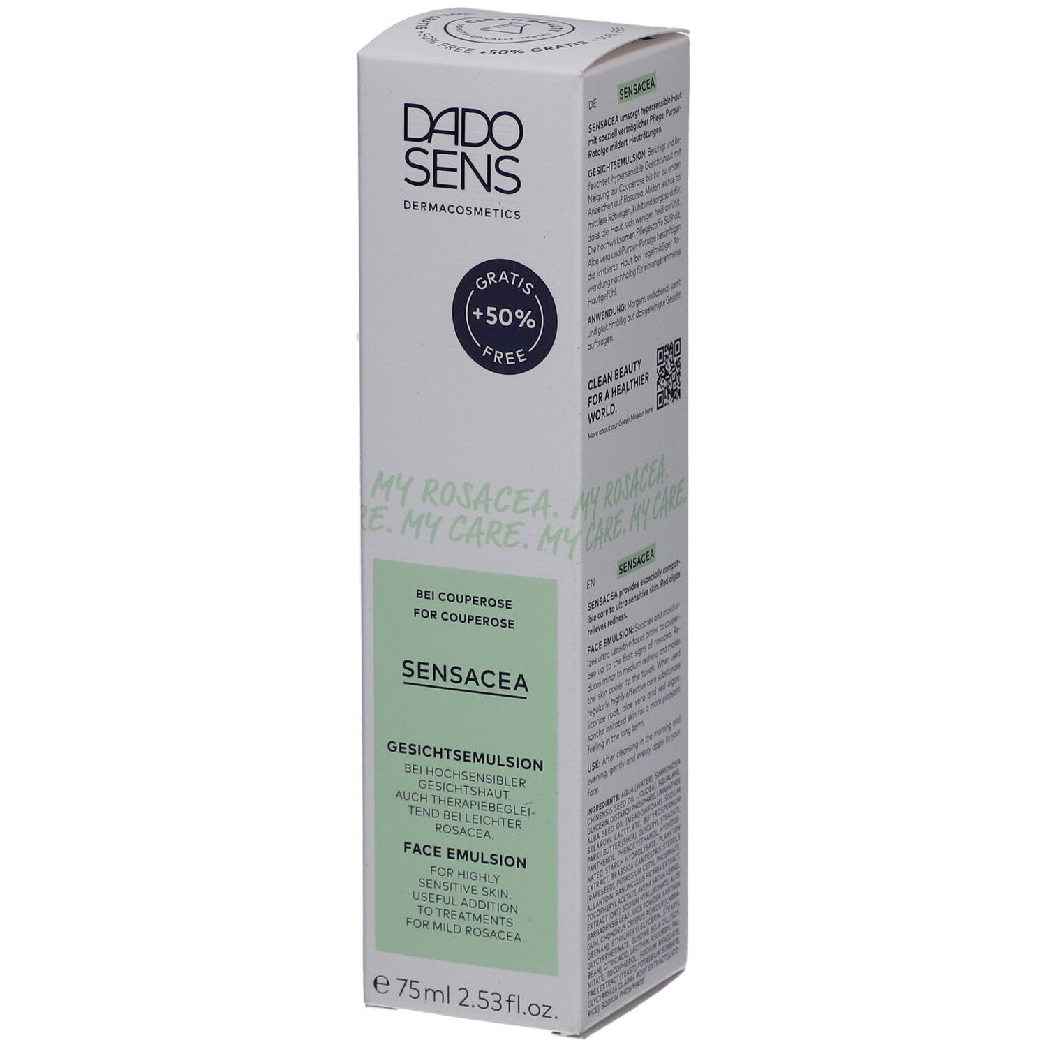 DADO SENS SENSACEA Gesichtsemulsion bei Couperose. Weiße Verpackung mit grünen Akzenten. Text: +50% FREE, SENSACEA, Gesichtsemulsion.