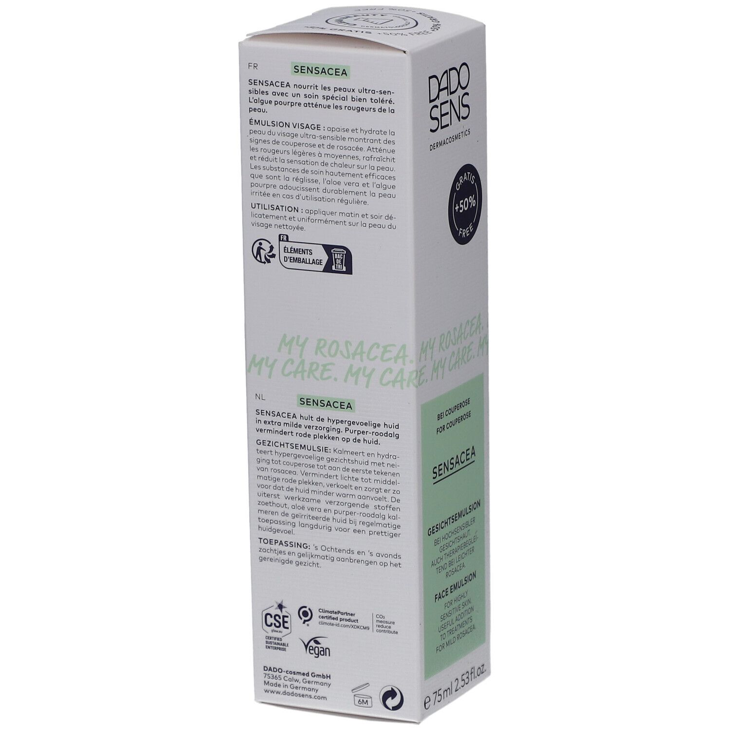 Verpackung der DADO SENS SENSACEA Gesichtsemulsion. Text: SENSACEA, Gesichtsemulsion, 75ml. Rückseite mit Text in mehreren Sprachen.