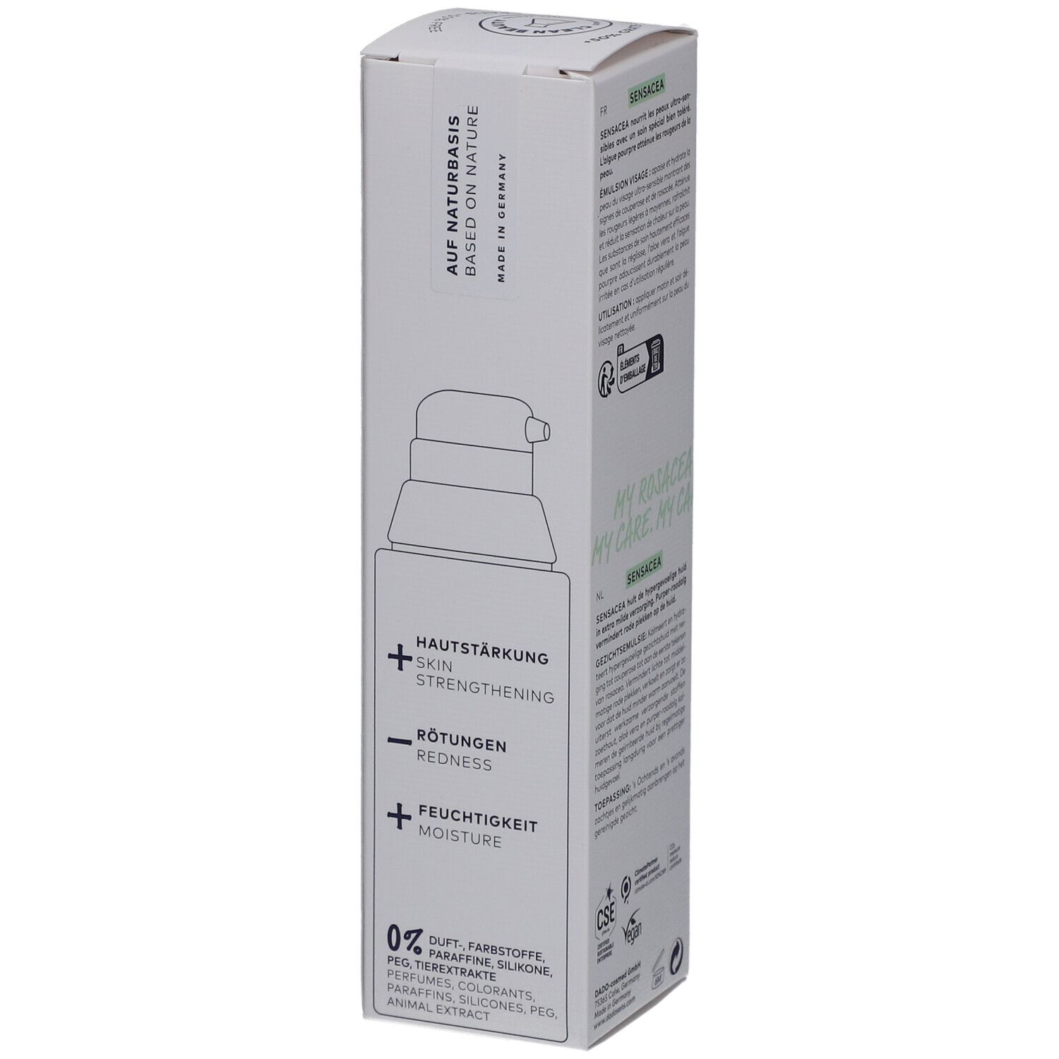 Verpackung der DADO SENS SENSACEA Gesichtsemulsion. Seite mit Produktinformationen. Text: Hautstärkung, Rötungen, Feuchtigkeit.
