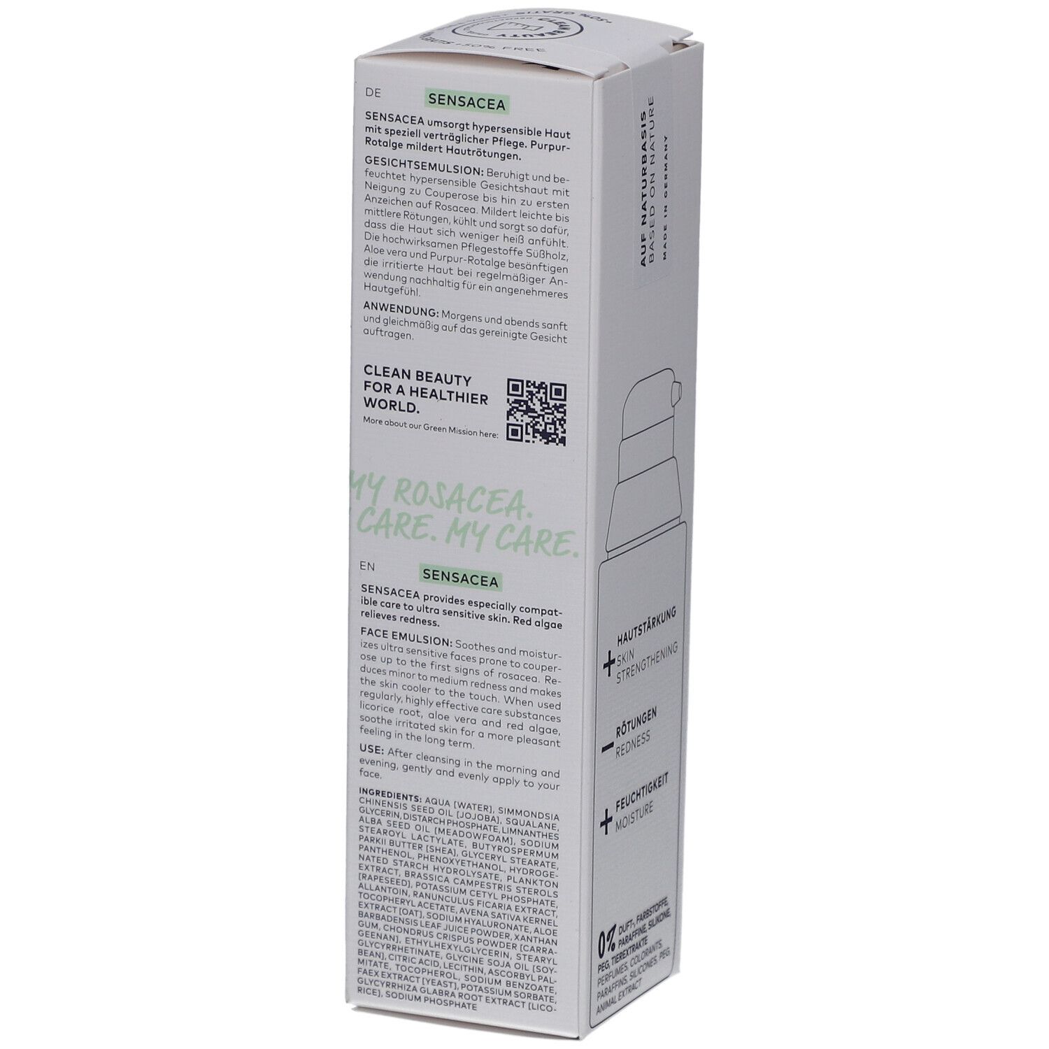 Verpackung der DADO SENS SENSACEA Gesichtsemulsion. Seite mit Produktinformationen und Inhaltsstoffen. Text: SENSACEA, Gesichtsemulsion.