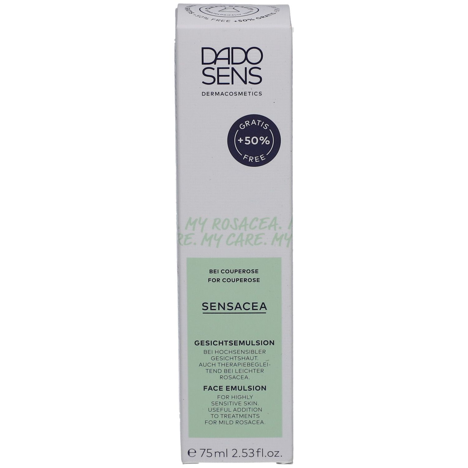 DADO SENS SENSACEA Gesichtsemulsion. Weiße Verpackung mit grünen Akzenten. Text: +50% FREE, SENSACEA, Gesichtsemulsion.