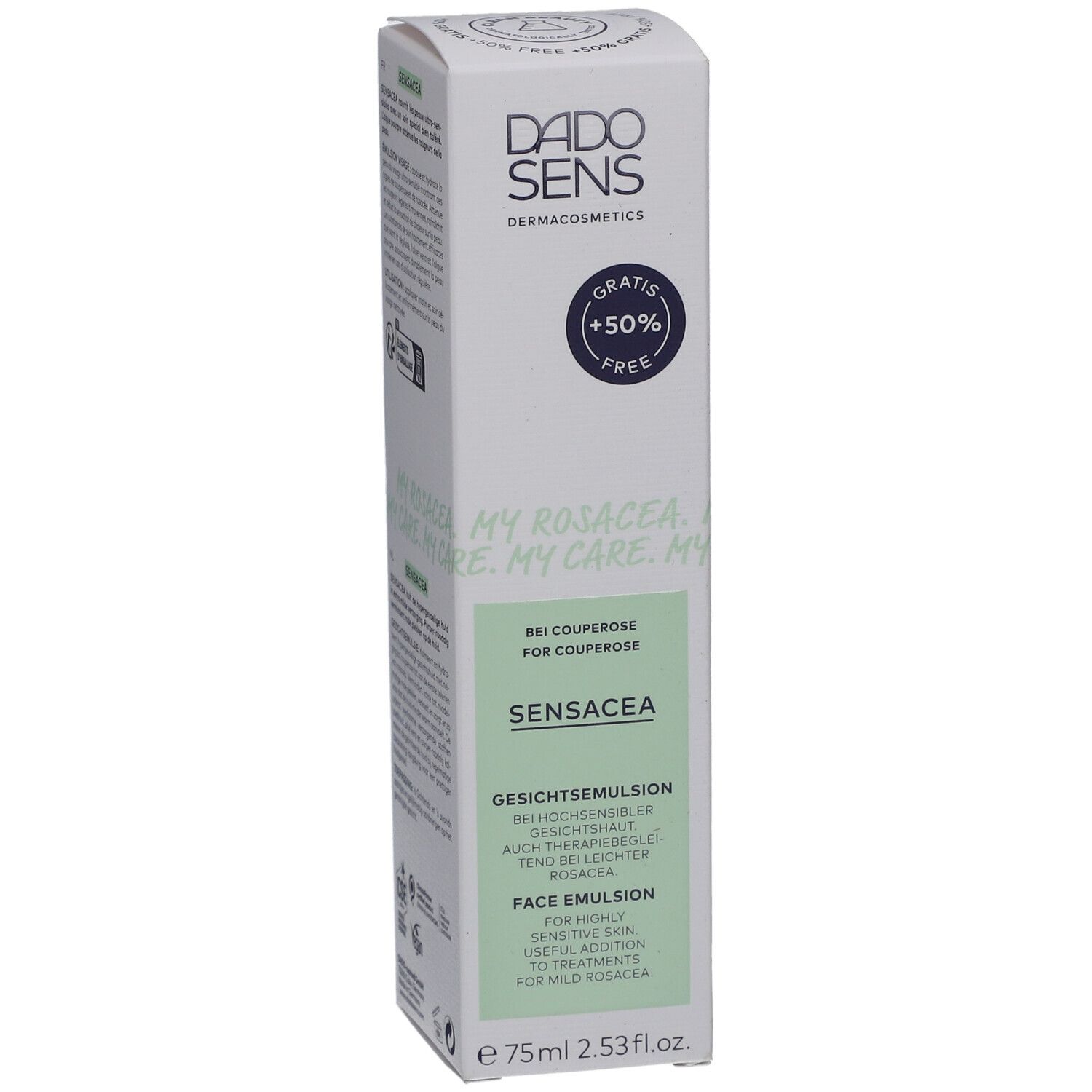 DADO SENS SENSACEA Gesichtsemulsion. Weiße Verpackung mit grünen Akzenten. Text: +50% FREE, SENSACEA, Gesichtsemulsion.