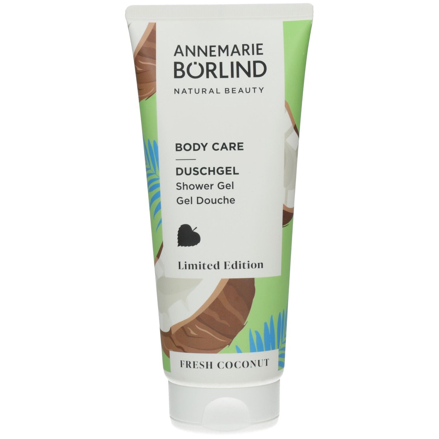 Annemarie Börlind Body Care Duschgel Fresh Coconut Limited Edition in einer weißen Tube mit Kokosnuss-Motiv.
