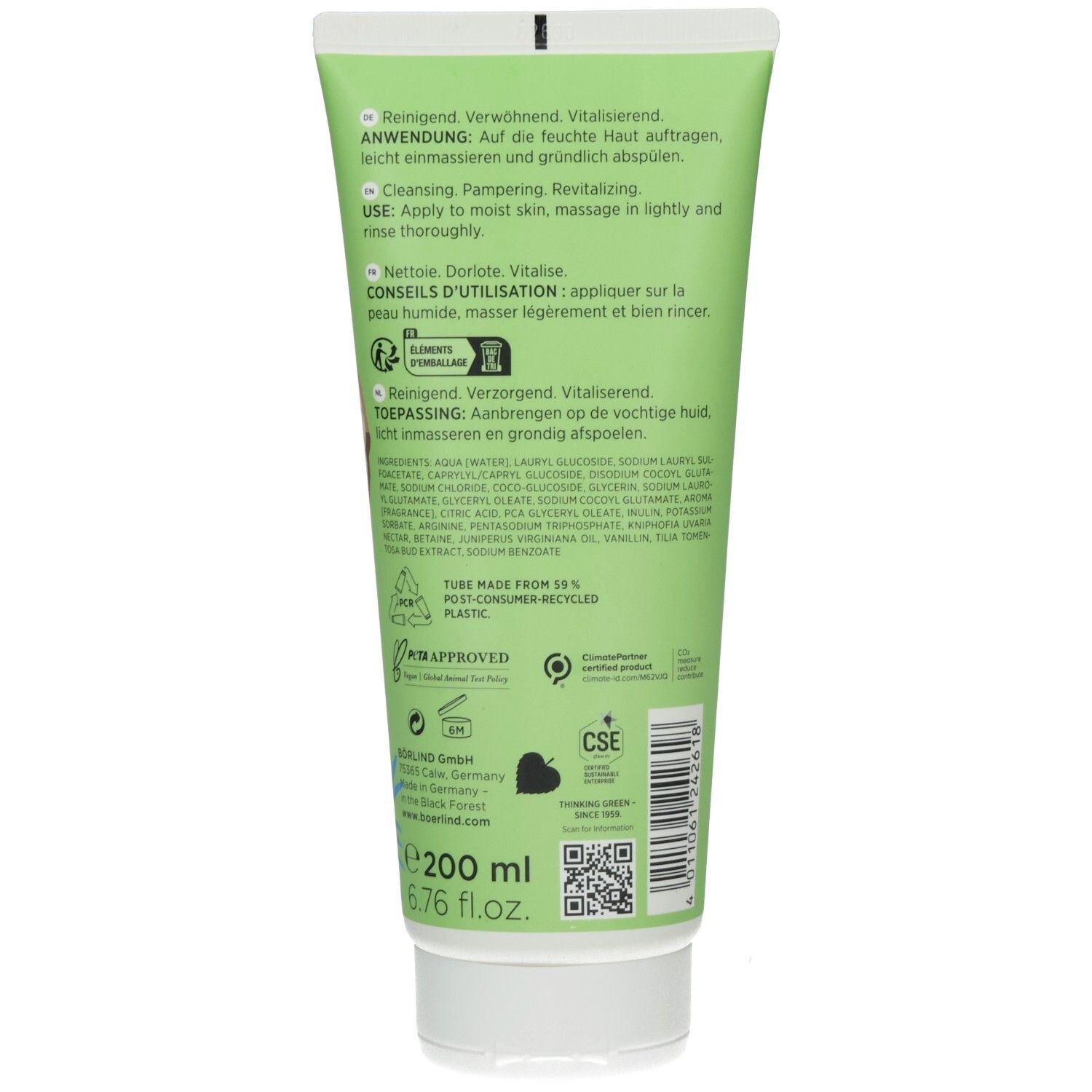 Rückseite der Annemarie Börlind Body Care Duschgel Fresh Coconut Tube mit Anwendungshinweisen und Inhaltsstoffen.