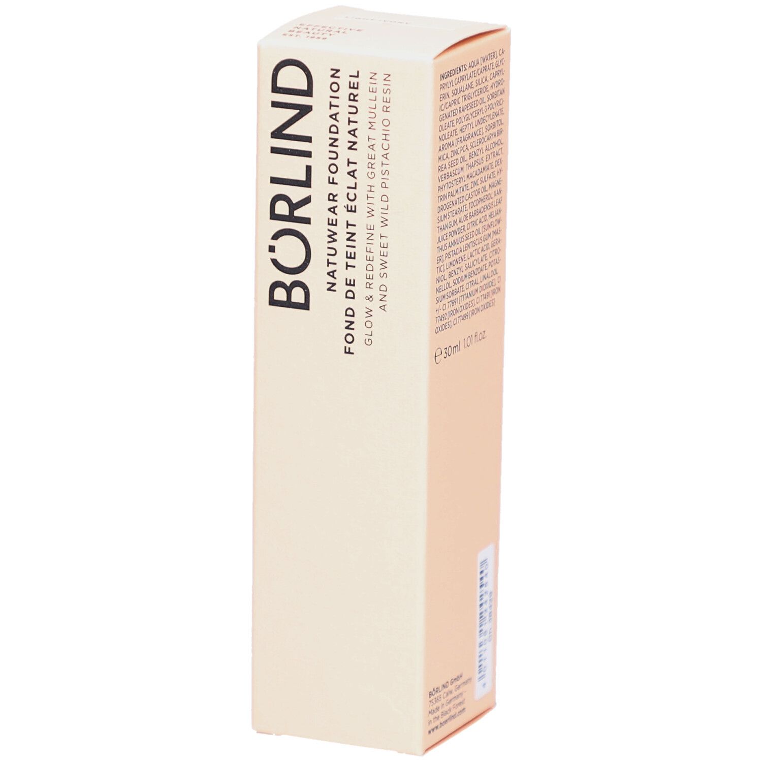 Verpackung von ANNEMARIE BÖRLIND Natuwear Foundation. Text: BÖRLIND, Natuwear Foundation, Fond de Teint Eclat Naturel. Farbe: Light Ivory.