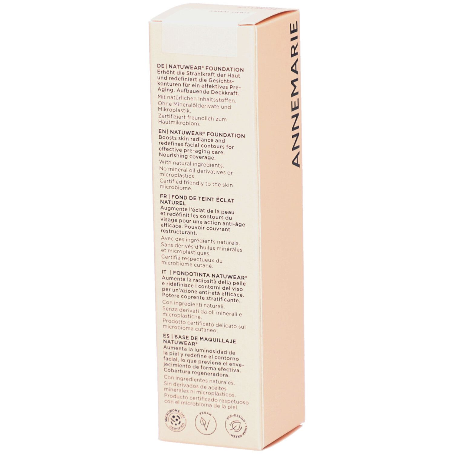 Rückseite der Verpackung von ANNEMARIE BÖRLIND Natuwear Foundation. Text in Deutsch, Englisch, Französisch, Italienisch und Spanisch.