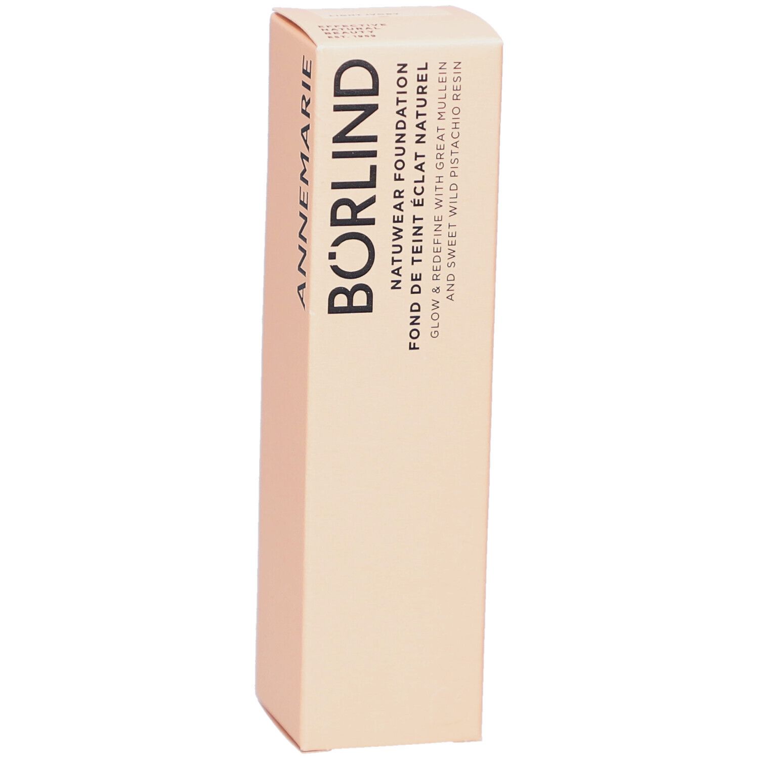 Verpackung von ANNEMARIE BÖRLIND Natuwear Foundation. Text: ANNEMARIE BÖRLIND, Natuwear Foundation, Fond de Teint Eclat Naturel. Farbe: Light Ivory.