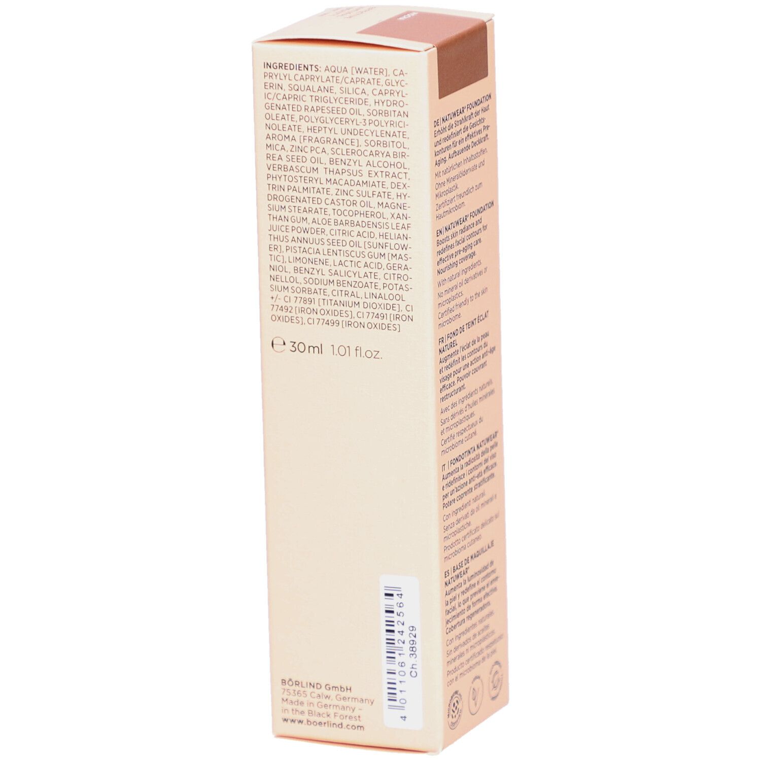 ANNEMARIE BÖRLIND Natuwear Foundation. Verpackung mit Inhaltsstoffen und Volumenangabe.