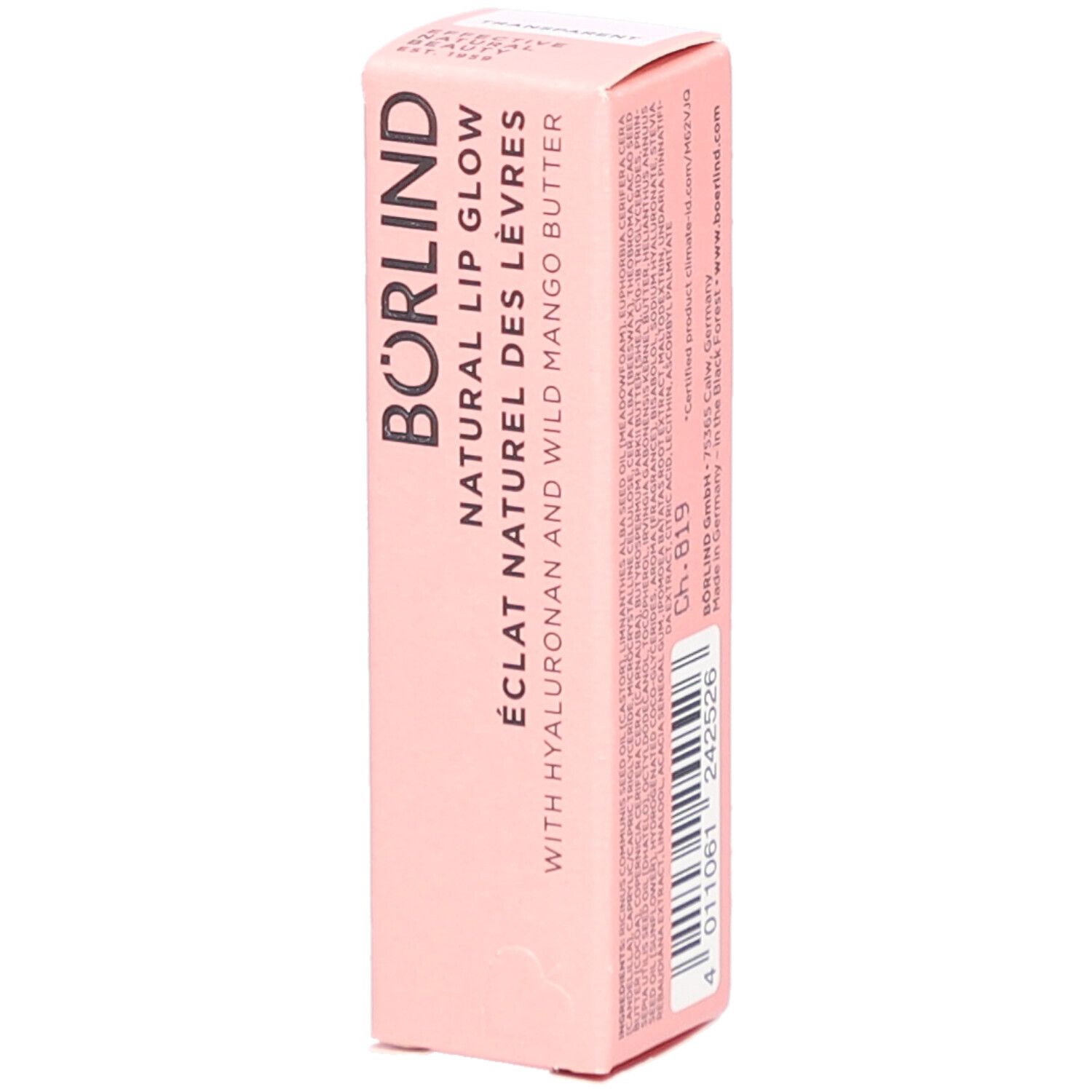 Rosa Verpackung mit BÖRLIND NATURAL LIP GLOW. Text in Deutsch, Französisch und Englisch. Mit Hyaluron und Mango Butter.
