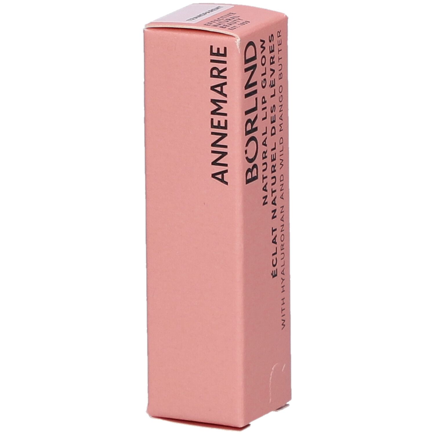 Rosa Verpackung mit BÖRLIND NATURAL LIP GLOW. Text in Deutsch, Französisch und Englisch. Mit Hyaluron und Mango Butter.