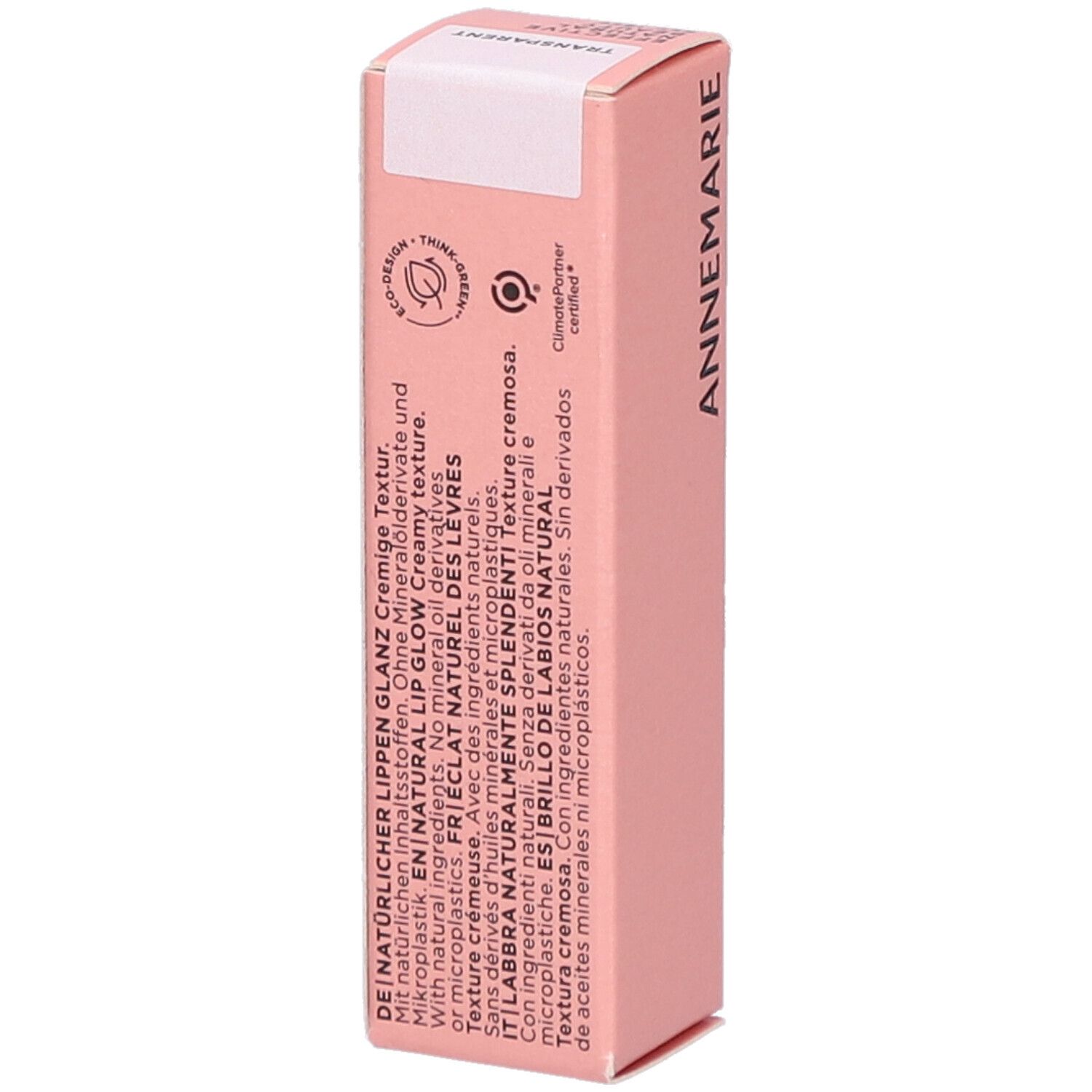 Rosa Verpackung mit Text. Enthält Informationen über die Inhaltsstoffe und Zertifizierungen. Mit dem Logo von ClimatePartner.