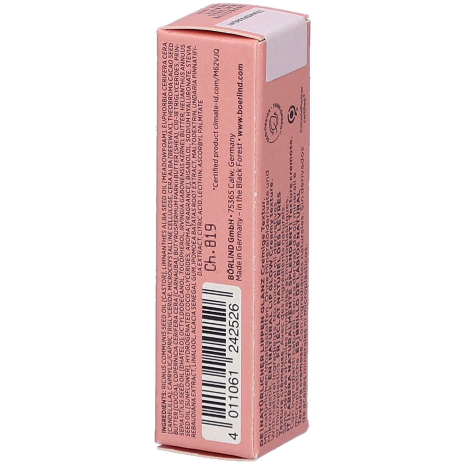 Rosa Verpackung mit Text. Enthält Informationen über die Inhaltsstoffe und Zertifizierungen. Mit dem Logo von ClimatePartner.