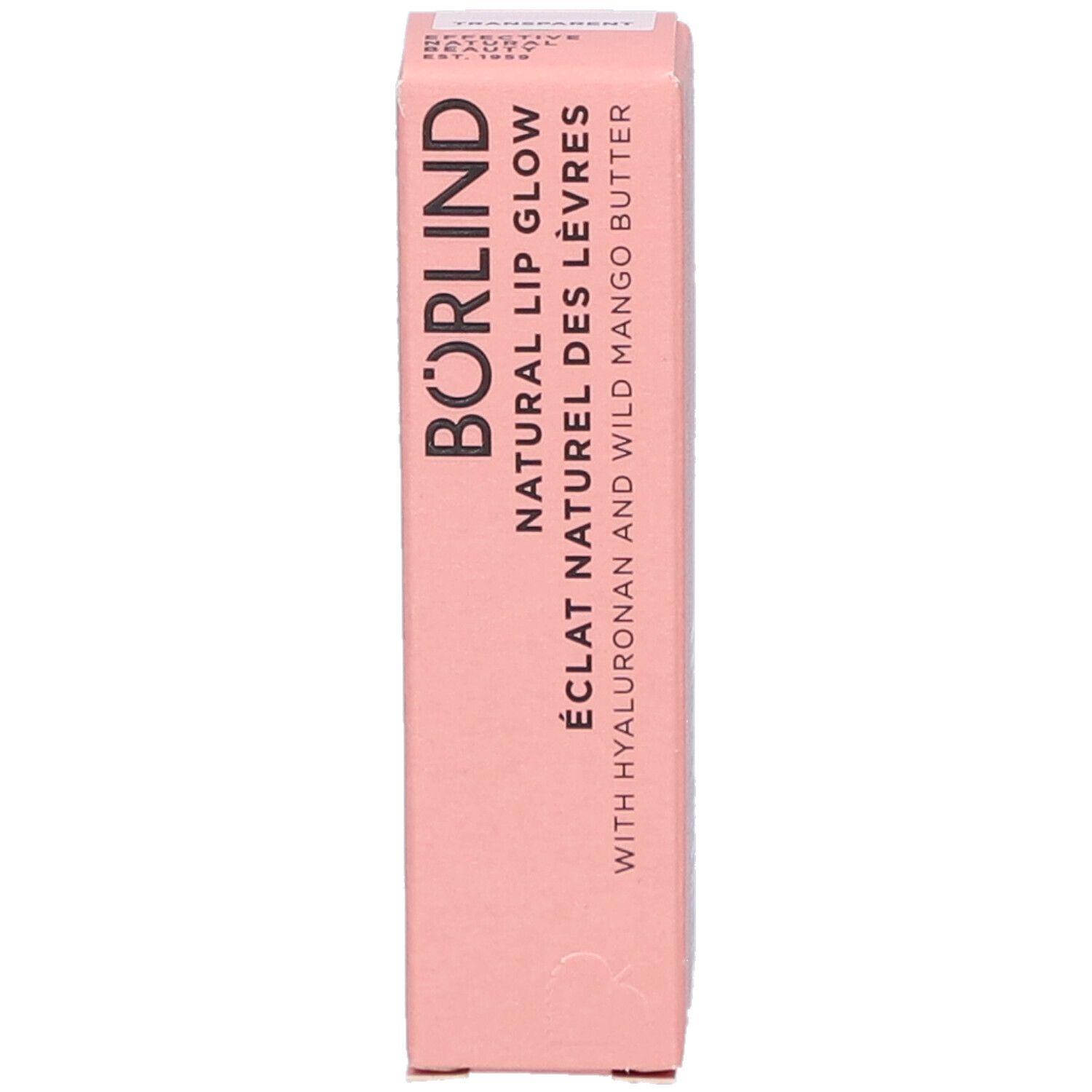 Rosa Verpackung mit BÖRLIND NATURAL LIP GLOW. Text in Deutsch, Französisch und Englisch. Mit Hyaluron und Mango Butter.