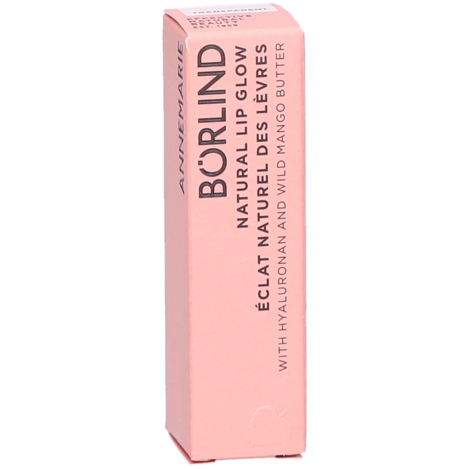 Rosa Verpackung mit BÖRLIND NATURAL LIP GLOW. Text in Deutsch, Französisch und Englisch. Mit Hyaluron und Mango Butter.