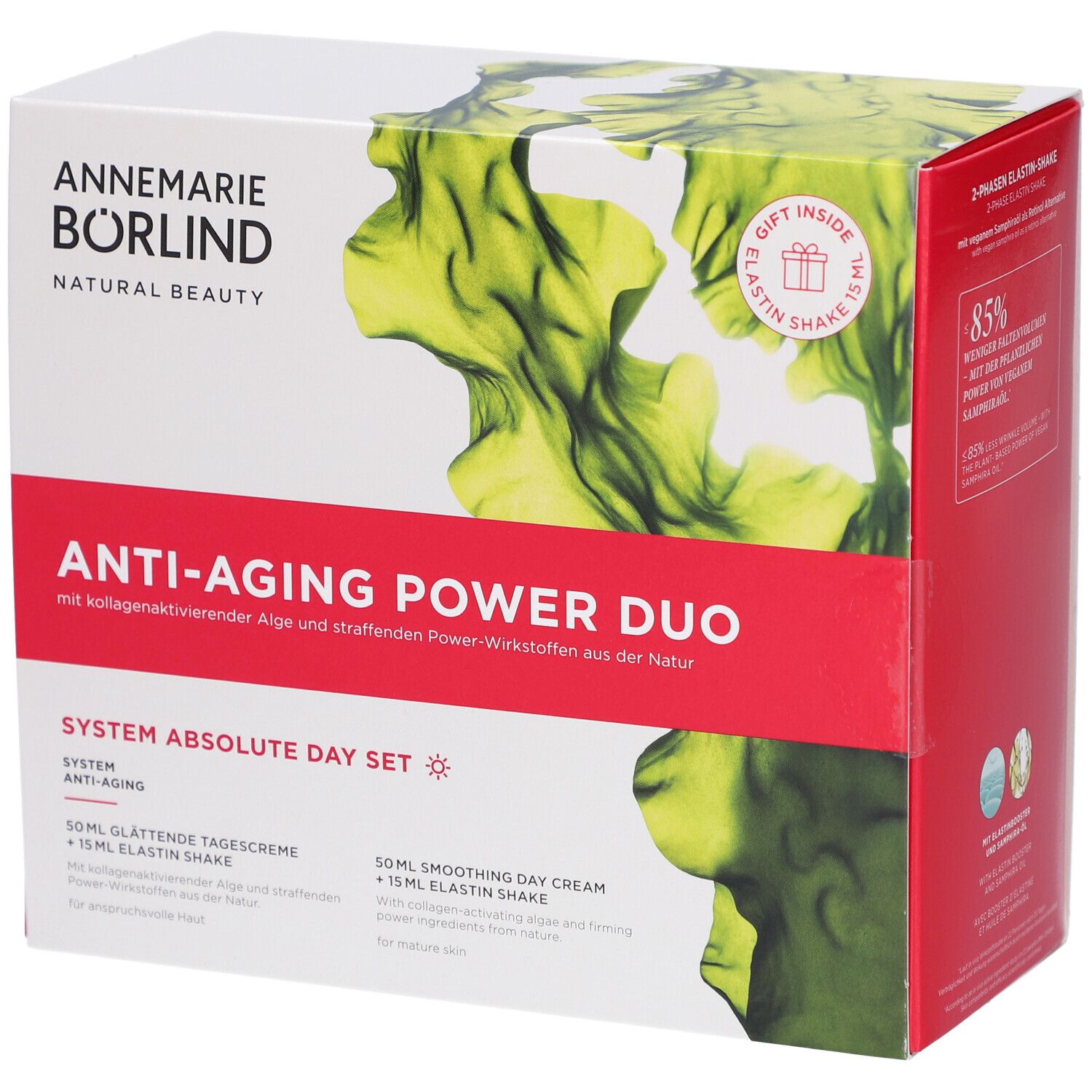 Verpackung des Anti-Aging Power Duo Tagespflege-Sets. Enthält Tagescreme und Elasti-Shake. Marke: Annemarie Börlind.
