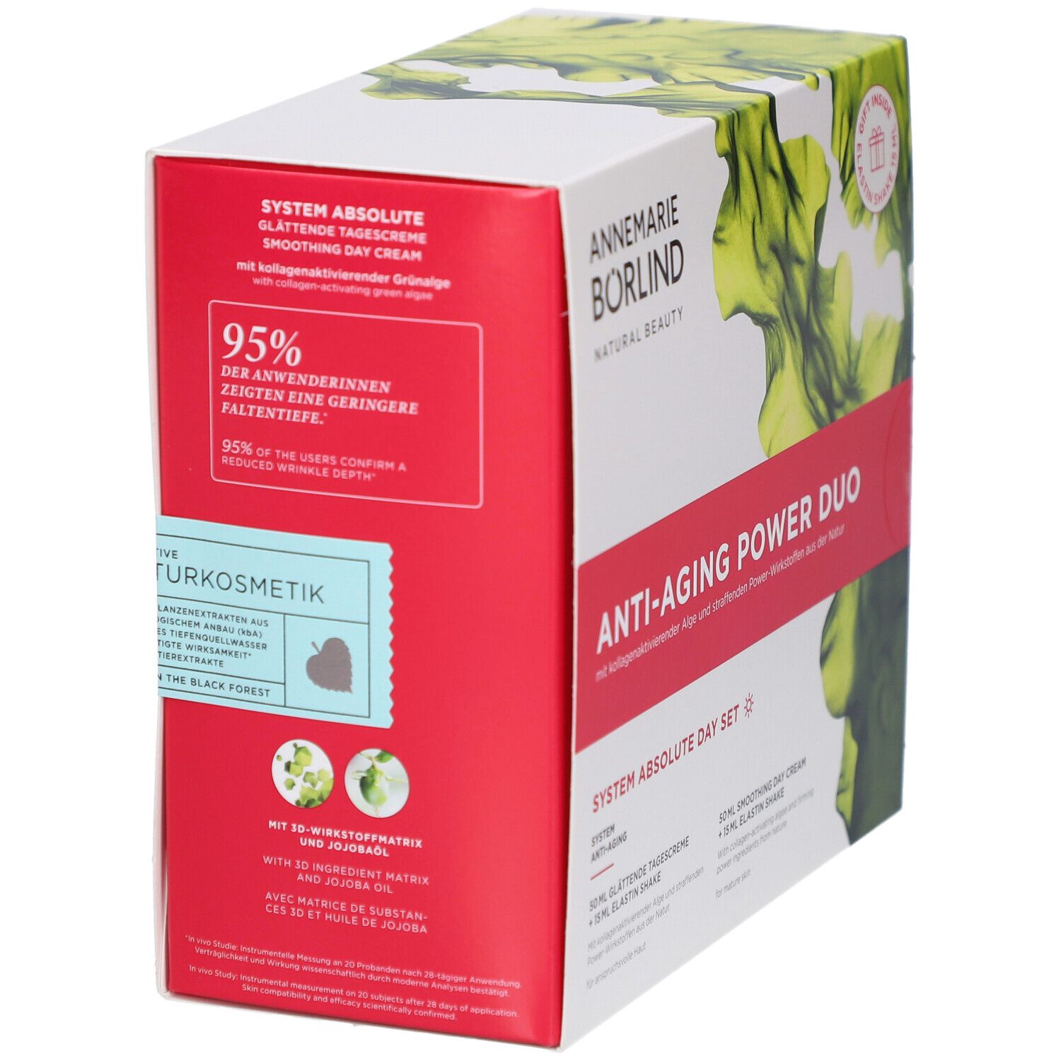 Seitenansicht der Anti-Aging Power Duo Verpackung. Enthält Informationen über die Inhaltsstoffe und Wirksamkeit. Marke: Annemarie Börlind.