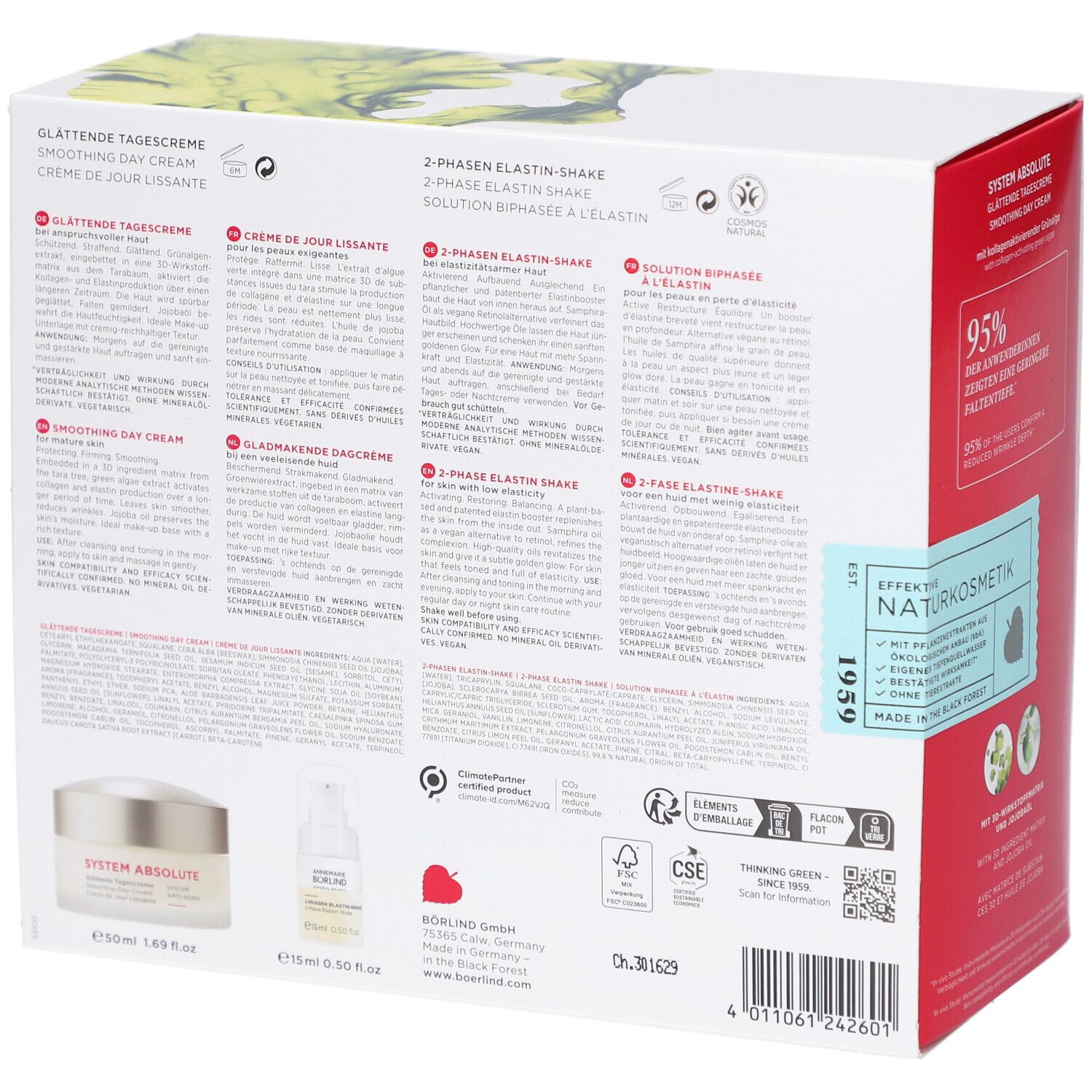 Rückseite der Anti-Aging Power Duo Verpackung. Enthält Produktinformationen, Inhaltsstoffe und Zertifizierungen. Marke: Annemarie Börlind.