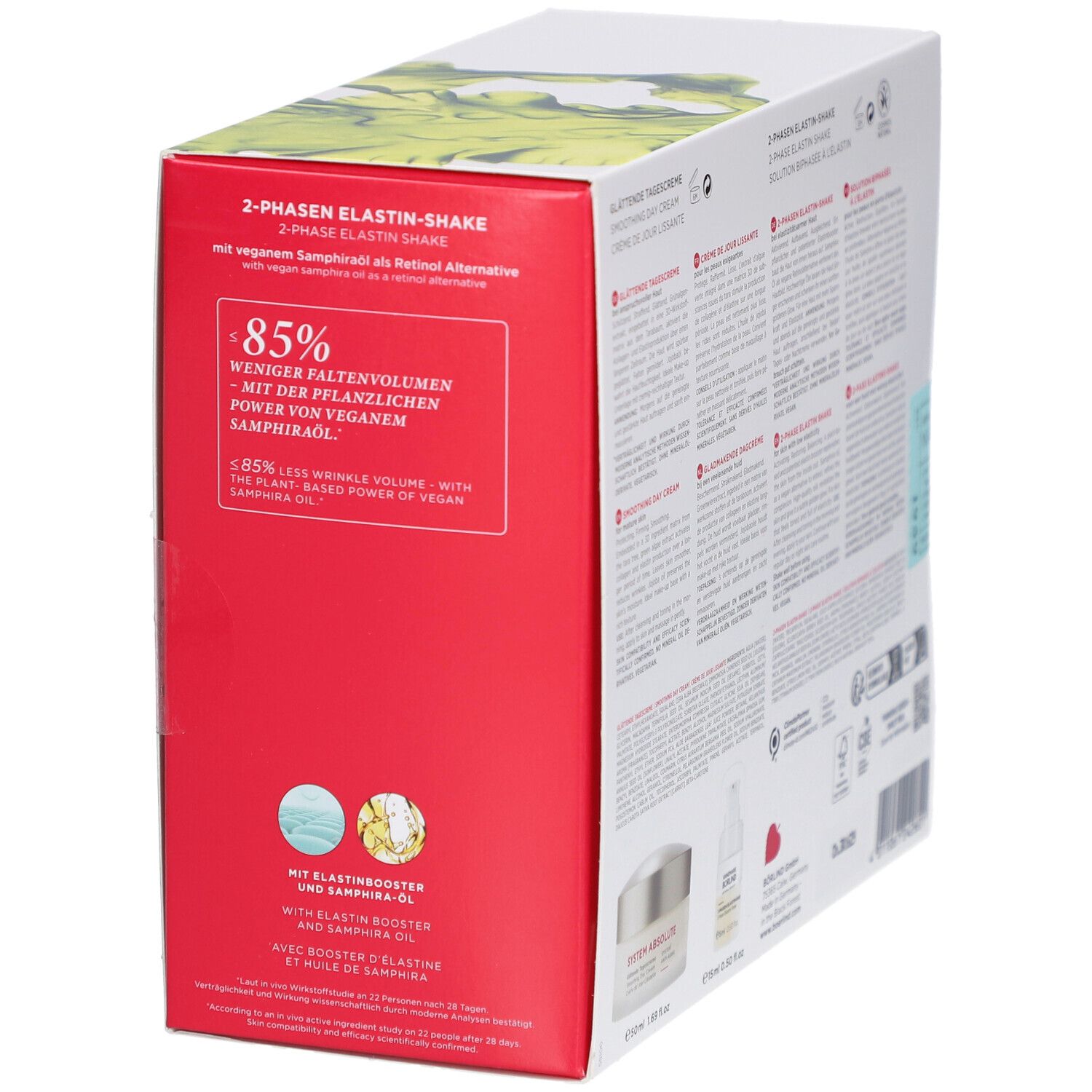 Seitenansicht der Anti-Aging Power Duo Verpackung. Enthält Informationen über die Inhaltsstoffe und Wirksamkeit. Marke: Annemarie Börlind.