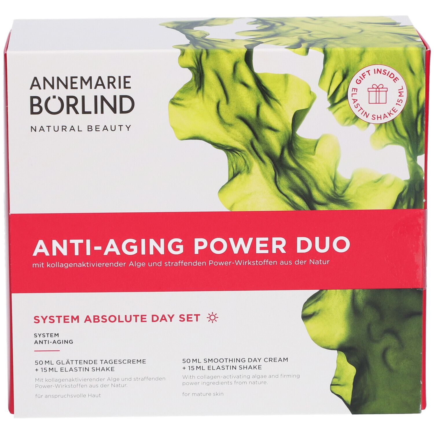 Vorderansicht des Anti-Aging Power Duo Tagespflege-Sets. Enthält Tagescreme und Elasti-Shake. Marke: Annemarie Börlind.