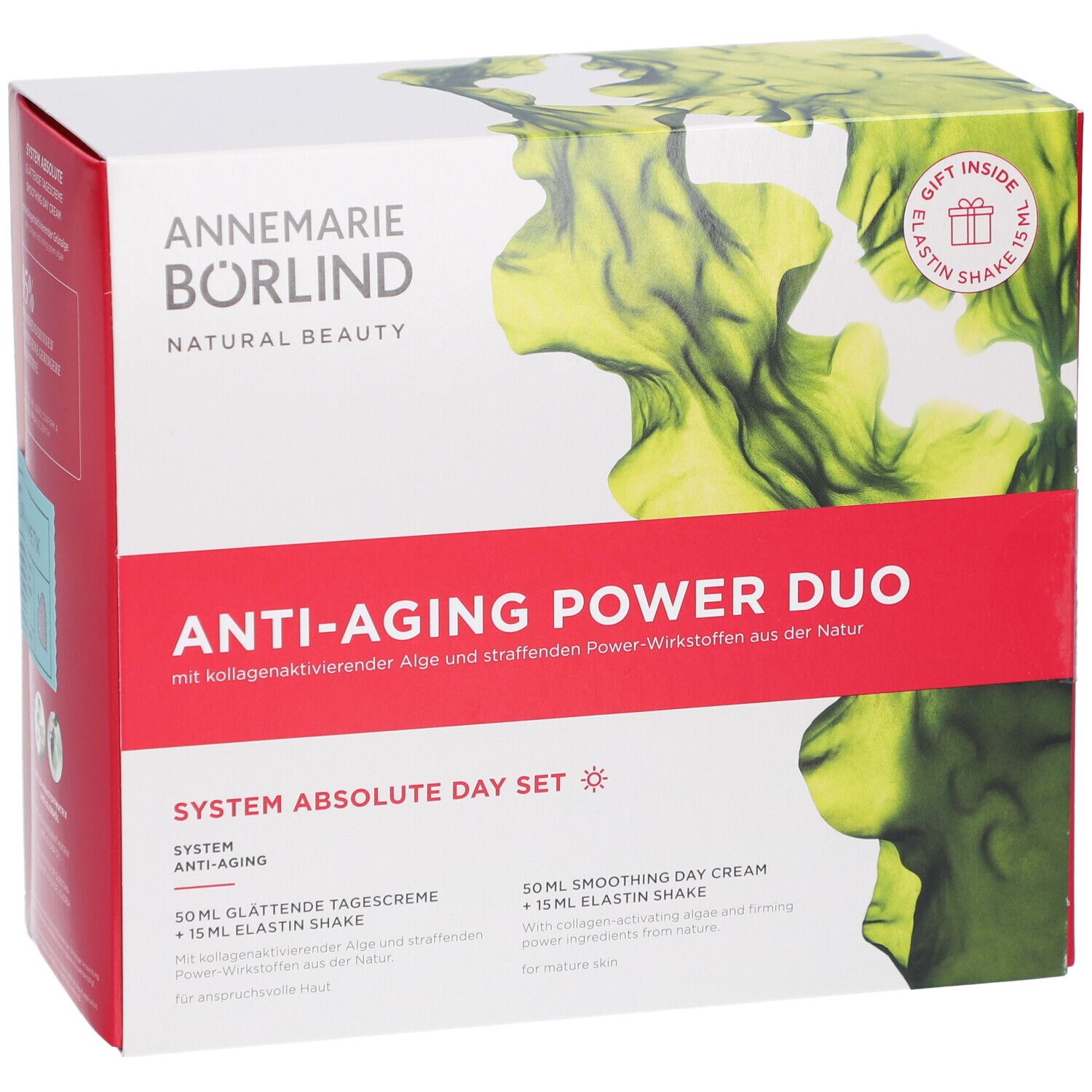 Vorderansicht des Anti-Aging Power Duo Tagespflege-Sets. Enthält Tagescreme und Elasti-Shake. Marke: Annemarie Börlind.