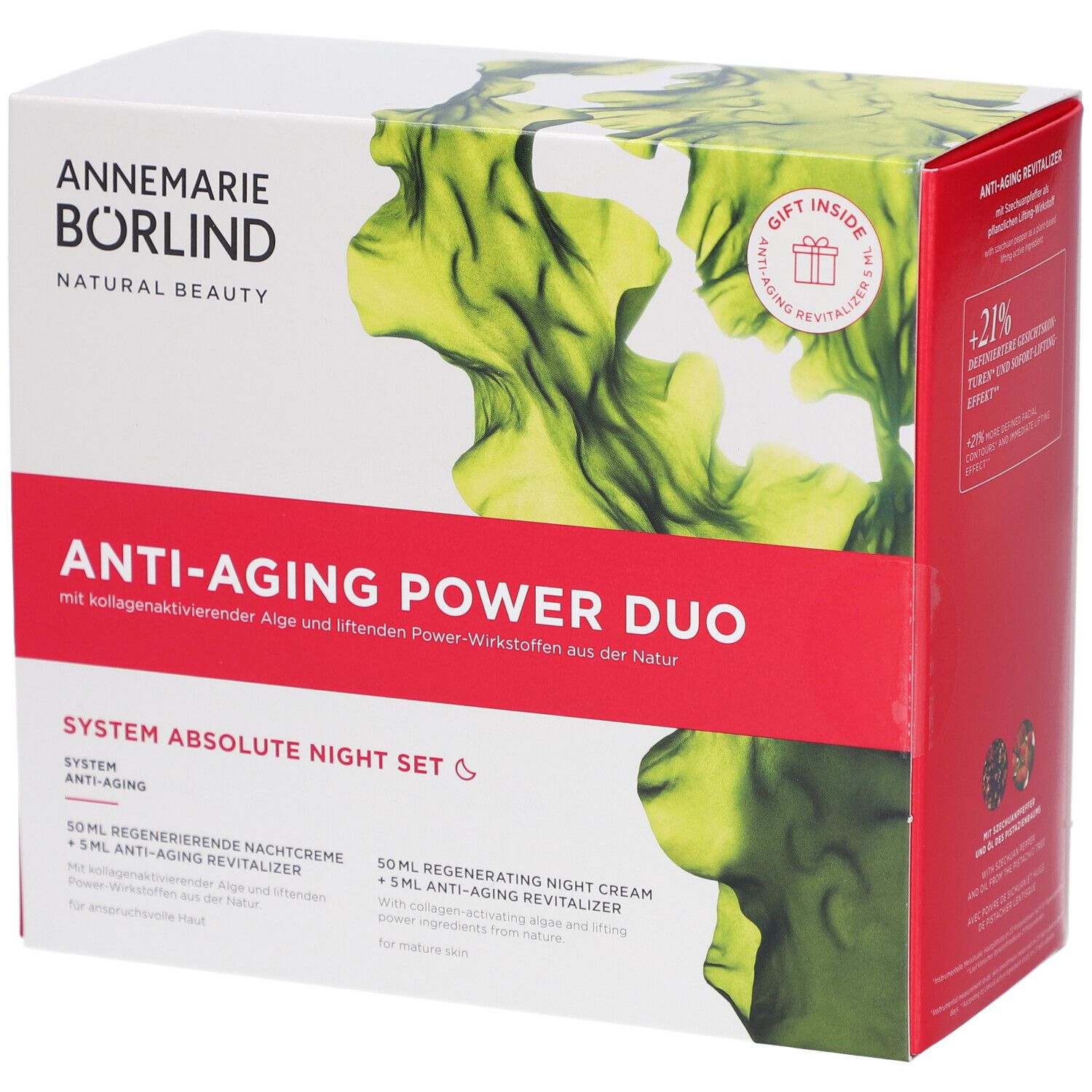 Verpackung des Anti-Aging Power Duo Nachtpflege-Sets. Rote und weiße Box mit Produktnamen und Logo. Enthält Geschenk.