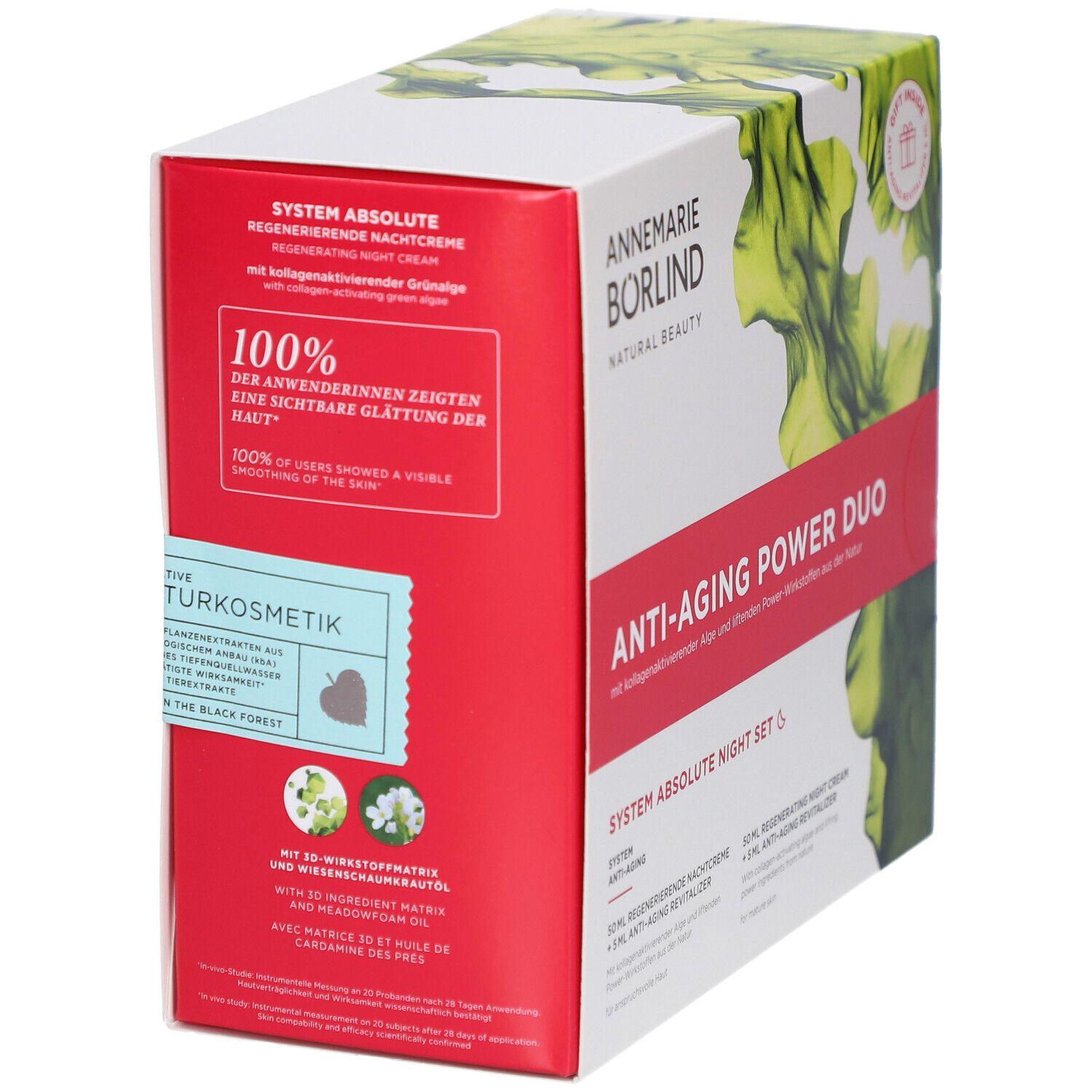 Rote und weiße Verpackung des Anti-Aging Power Duo Nachtpflege-Sets. Text und Logo. Zertifizierungen und Inhaltsstoffe.