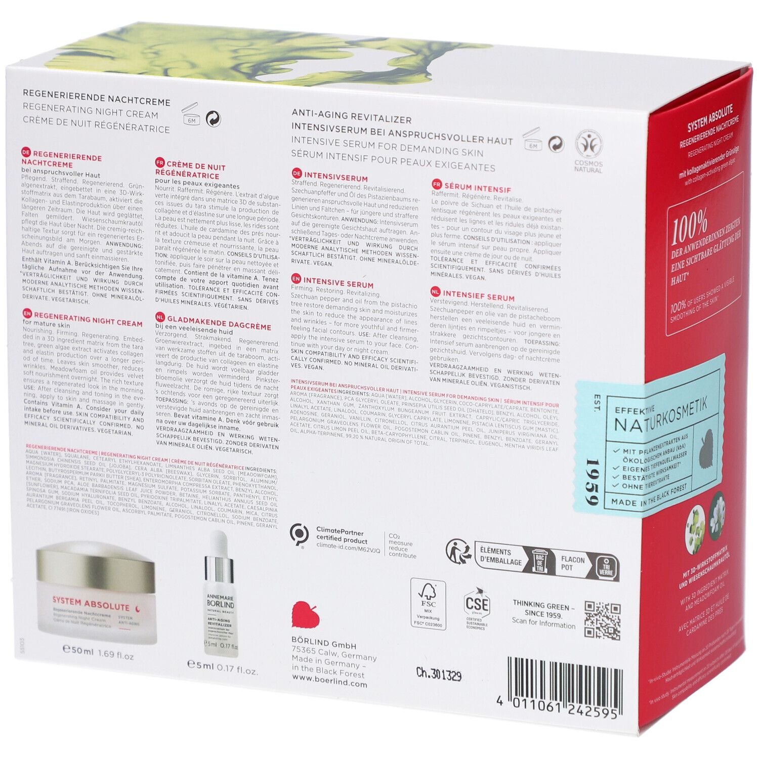 Rückseite der Anti-Aging Power Duo Nachtpflege-Set Verpackung. Produktnamen, Inhaltsstoffe, Logo und Zertifizierungen.