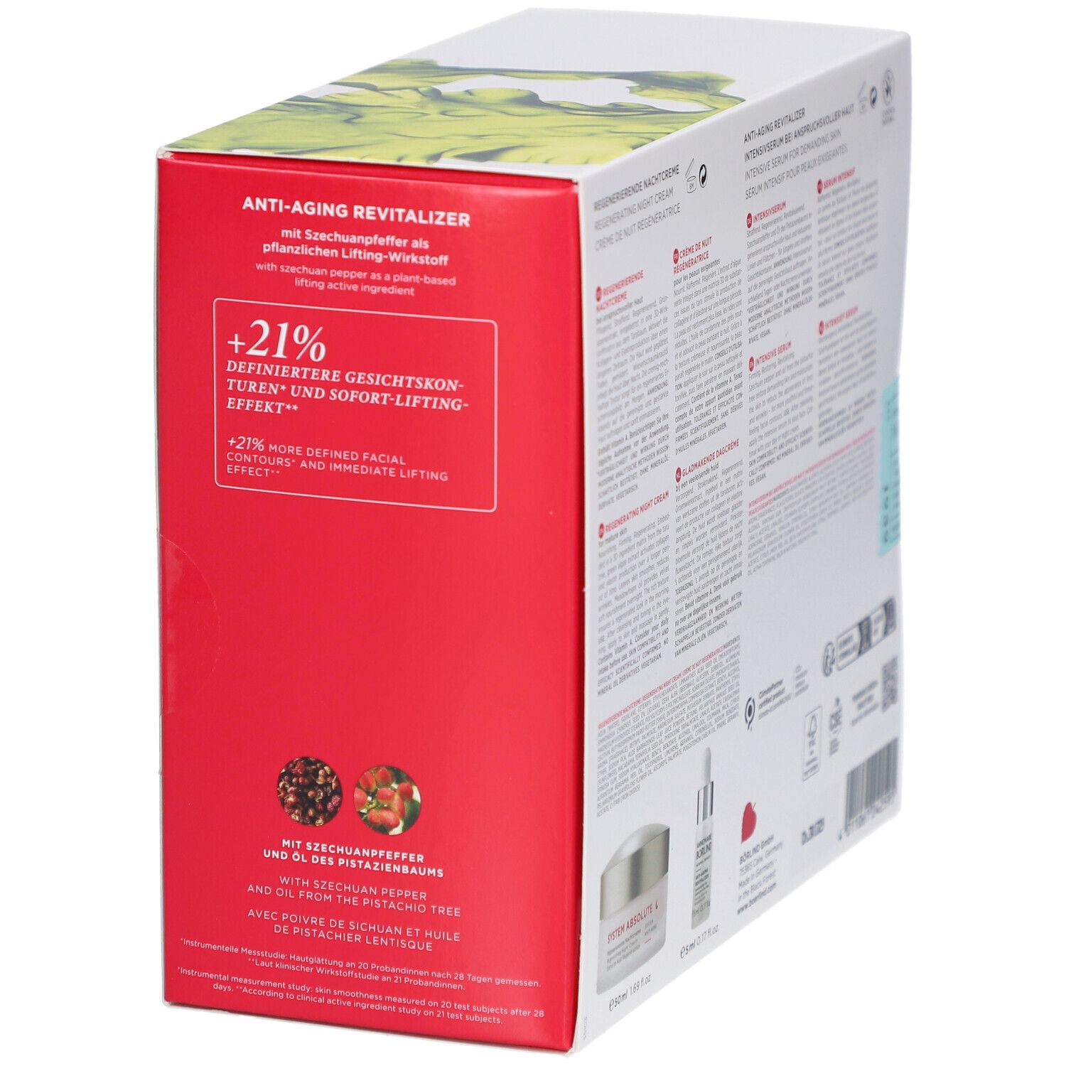 Seite der Anti-Aging Power Duo Nachtpflege-Set Verpackung. Produktnamen, Inhaltsstoffe, Logo und Zertifizierungen.