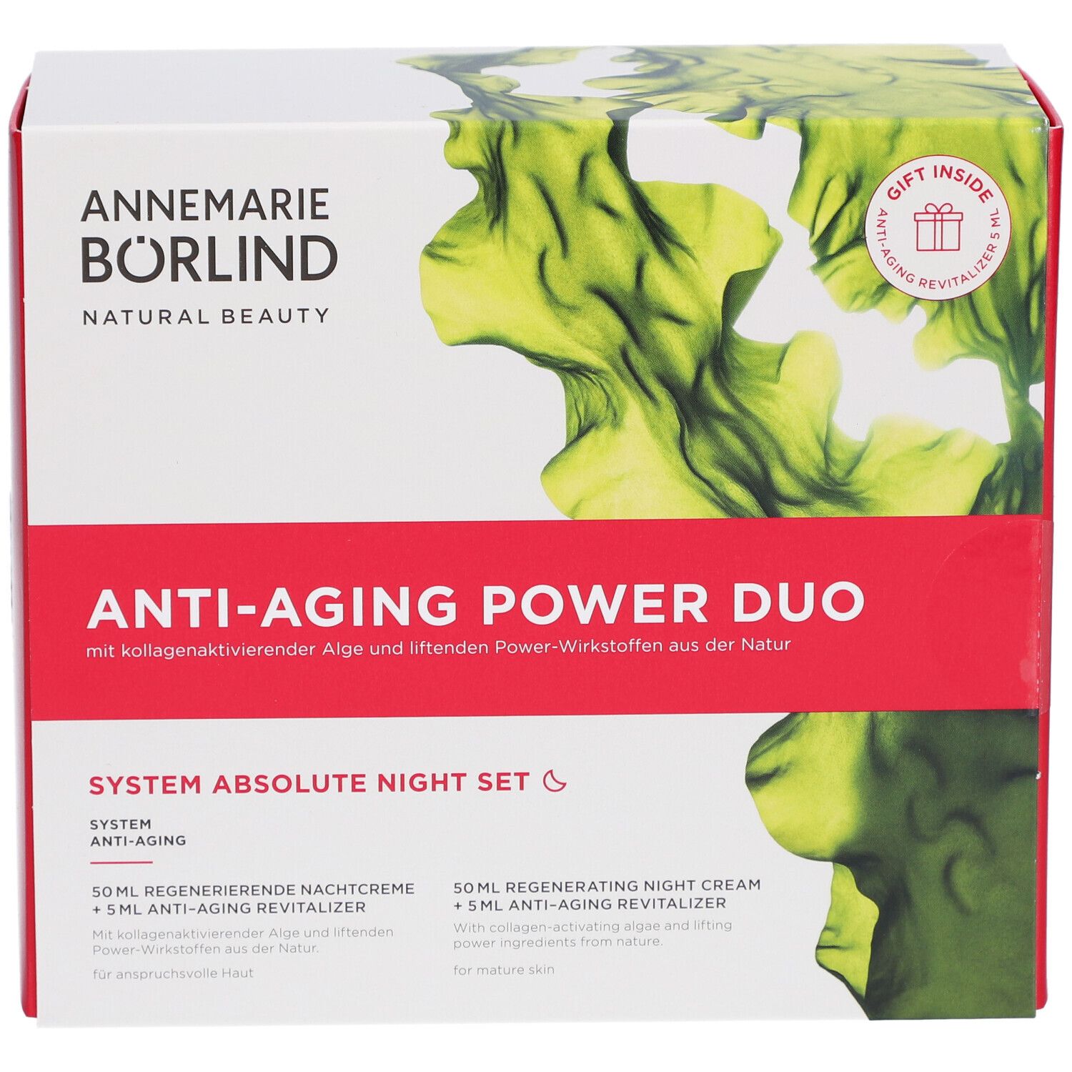 Anti-Aging Power Duo Nachtpflege-Set Verpackung. Rote und weiße Box mit Produktnamen und Logo. Enthält Geschenk.