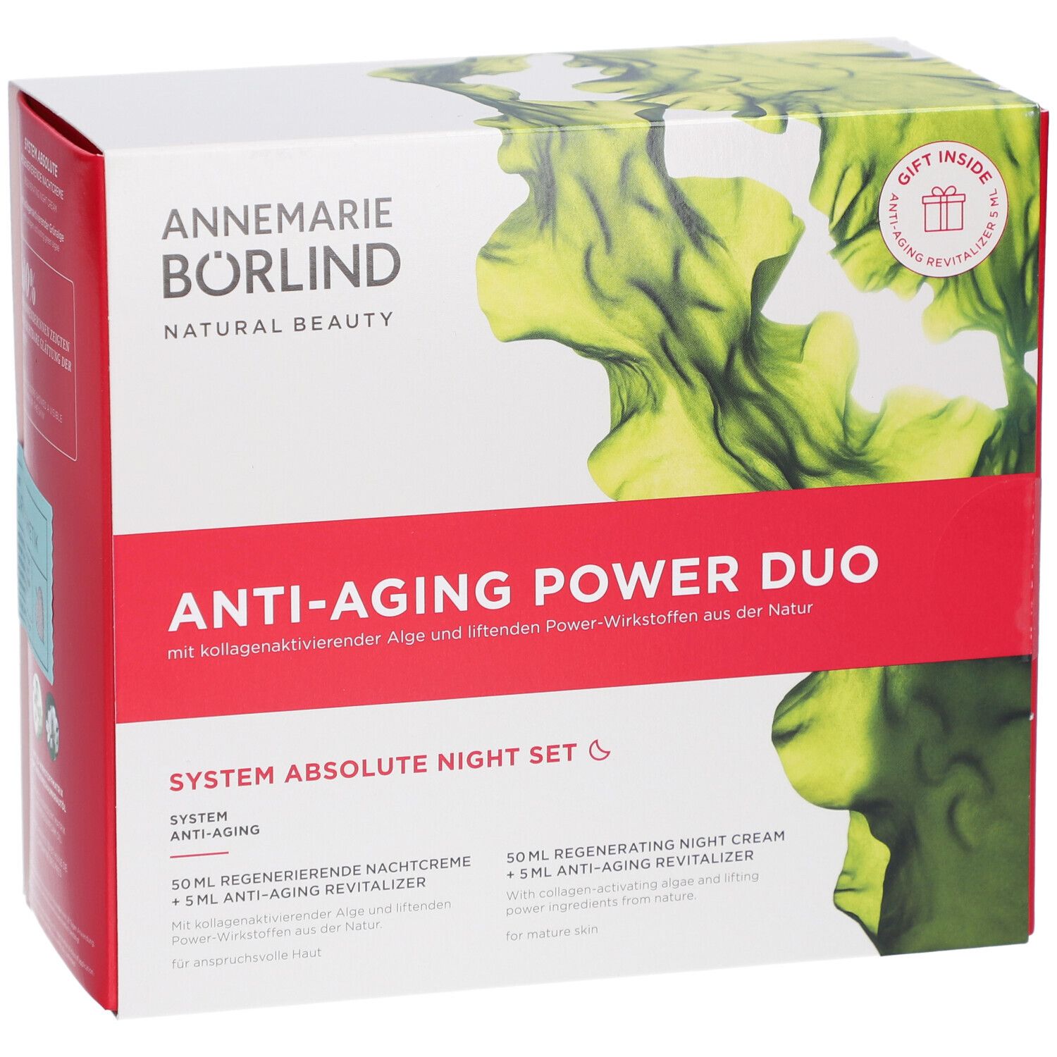 Anti-Aging Power Duo Nachtpflege-Set Verpackung. Rote und weiße Box mit Produktnamen und Logo. Enthält Geschenk.