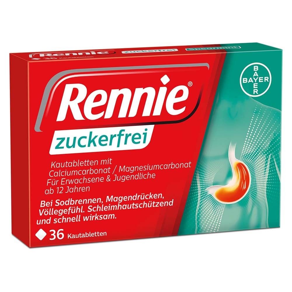 Rote Schachtel mit Rennie zuckerfrei. Enthält 36 Kautabletten. Bayer-Logo. Illustration eines Magens.