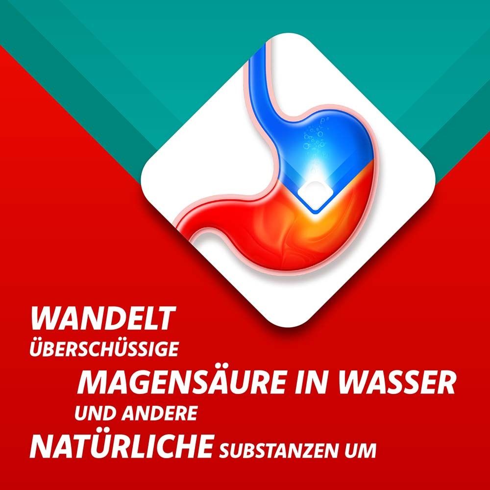 Illustration: Magensäure wird in Wasser und andere Substanzen umgewandelt. Roter und blauer Hintergrund.