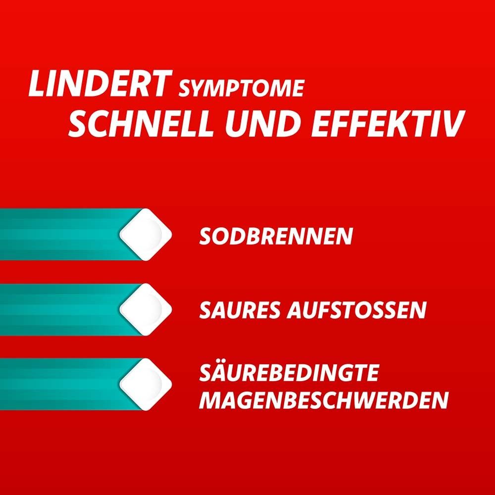 Text auf rotem Hintergrund: Lindert Symptome schnell und effektiv. Drei weiße Quadrate mit Text.