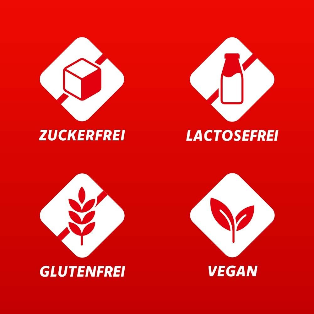 Vier Symbole auf rotem Hintergrund: zuckerfrei, laktosefrei, glutenfrei, vegan. Weiße Quadrate mit Symbolen.