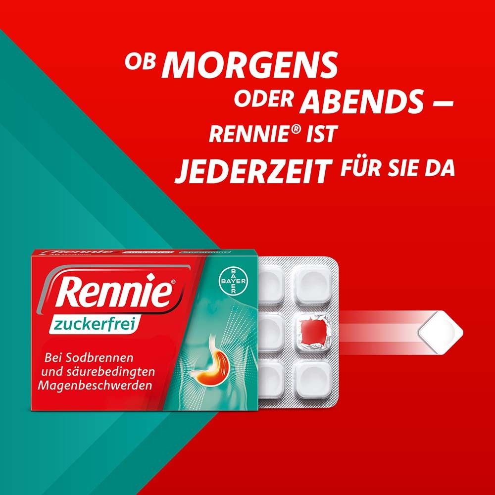 Rote Schachtel Rennie zuckerfrei. Text: Morgens oder abends - Rennie ist jederzeit für Sie da. Tabletten.
